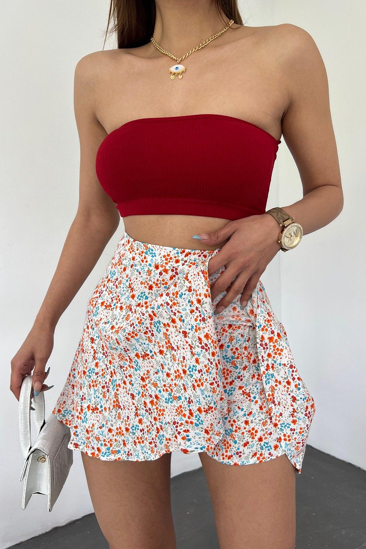 Women's White Orange Viscose Fabric Summer Shorts Skirt 1905 - Swordslife