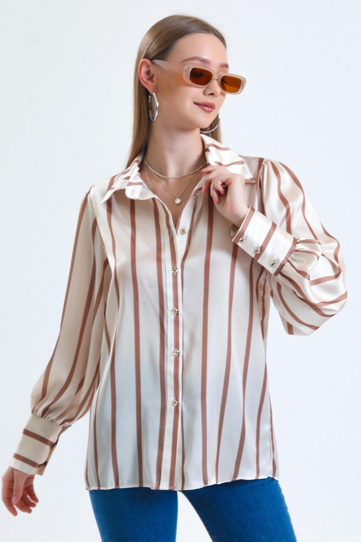 Women's Milky Brown Balloon Sleeves Ruffle Detailed Oversize Striped Satin Shirt - Swordslife