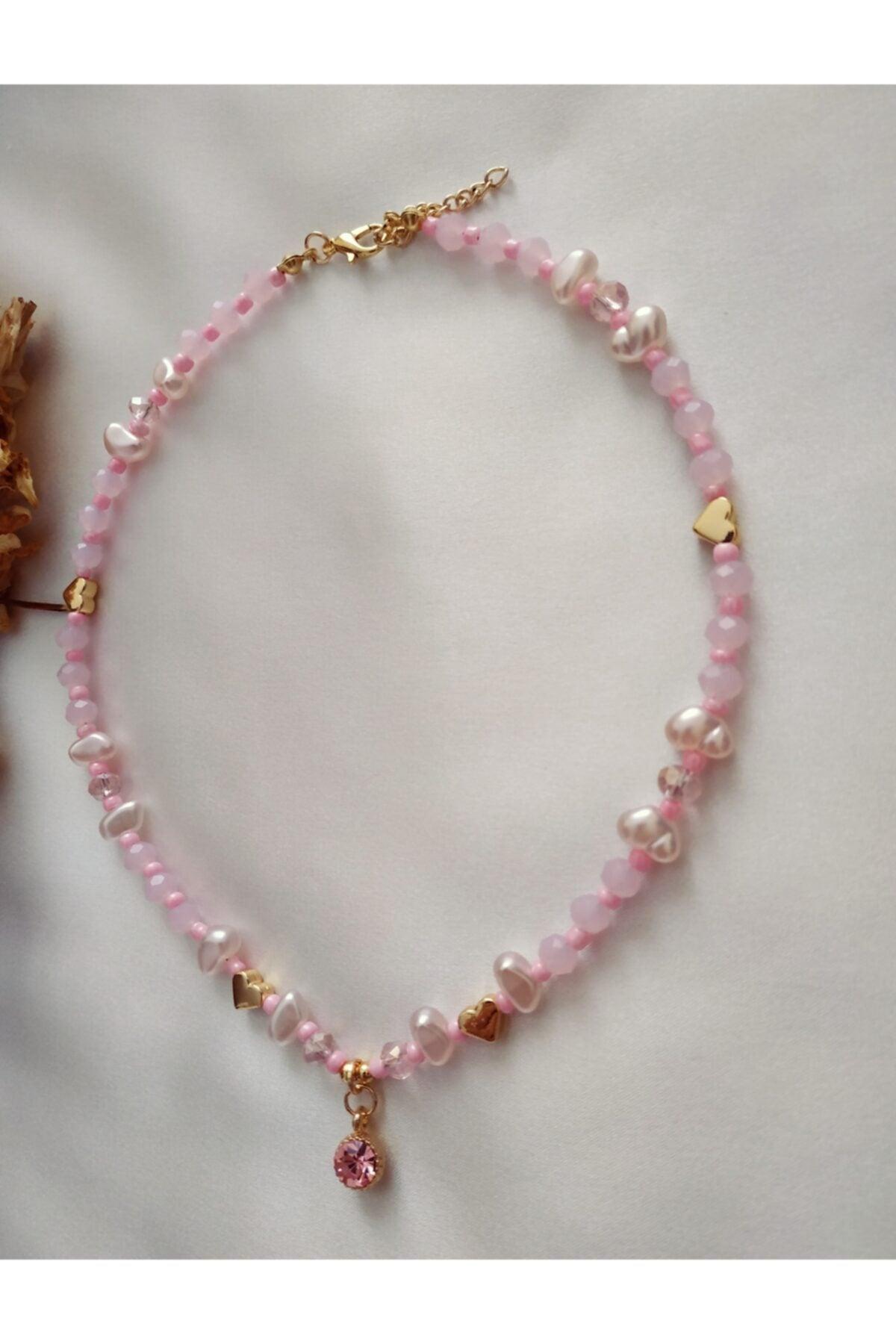 Powder Glitter Tip Baroque Pearl Heart Crystal Bead Necklace - Swordslife