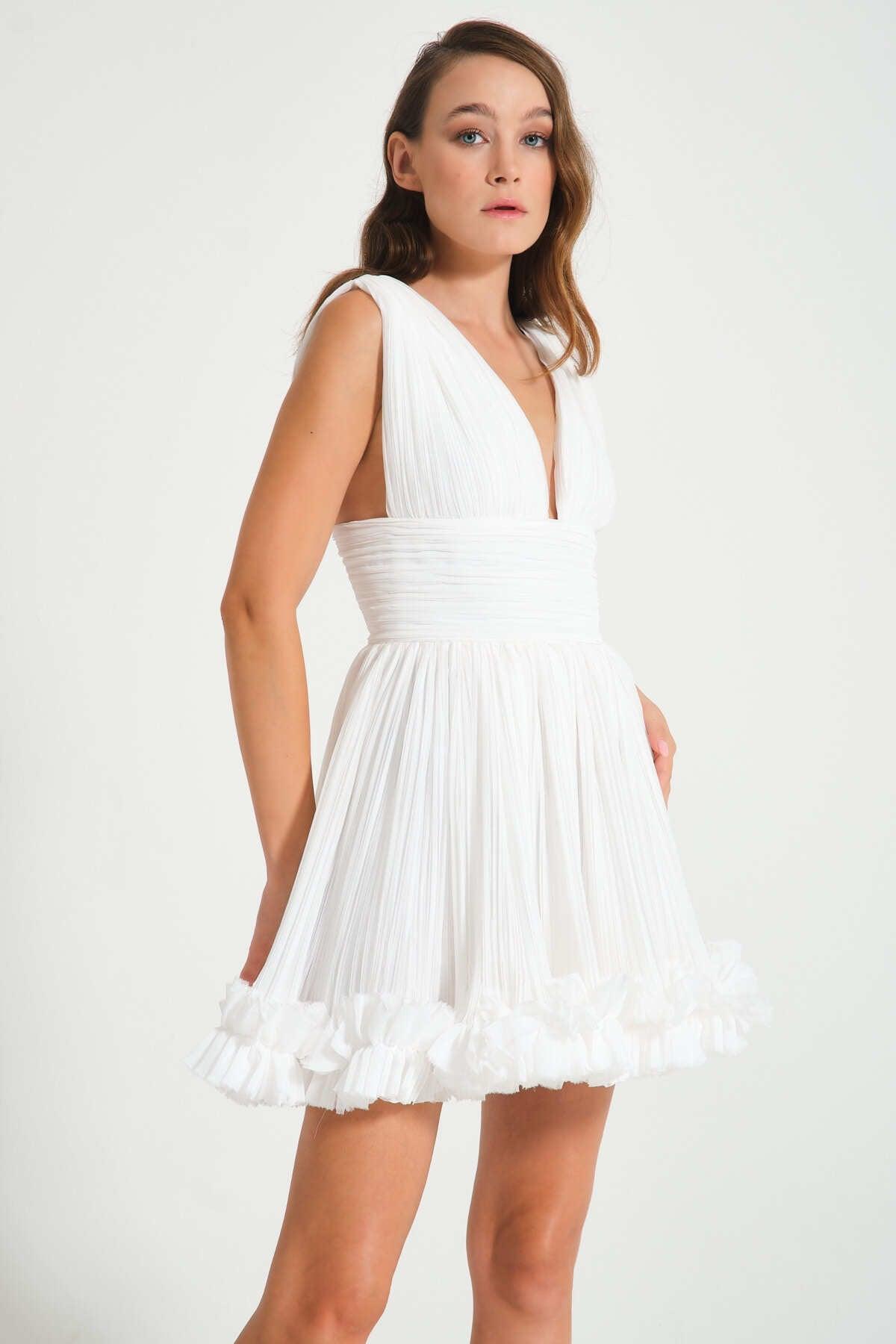 Lotus White Pleated Chiffon Frilly Mini Dress - Swordslife