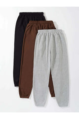 3-Pack Minimal Printed Jogger Sweatpants - Black, Gray And Brown, Elastic Leg, High Waist, Summer