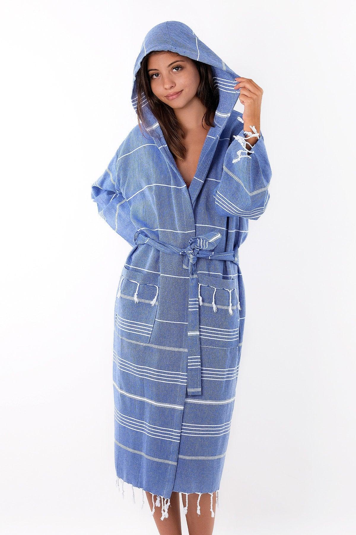 Sultan 100% Cotton Blue Color Hooded Peshtemal Bathrobe, Robe And Beach Dress - Swordslife