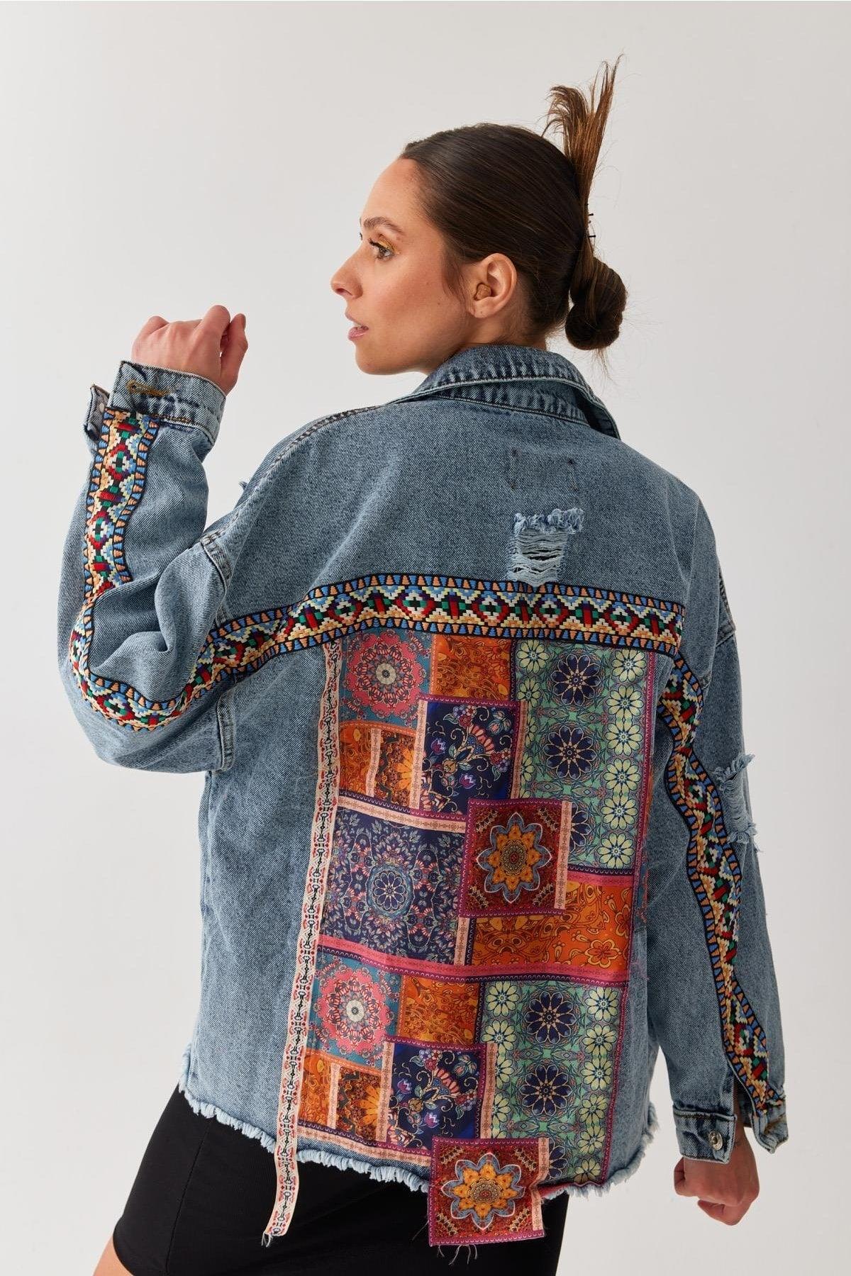 Ethnic Patterned Tasseled Oversize Pocket Denim Jacket - Swordslife