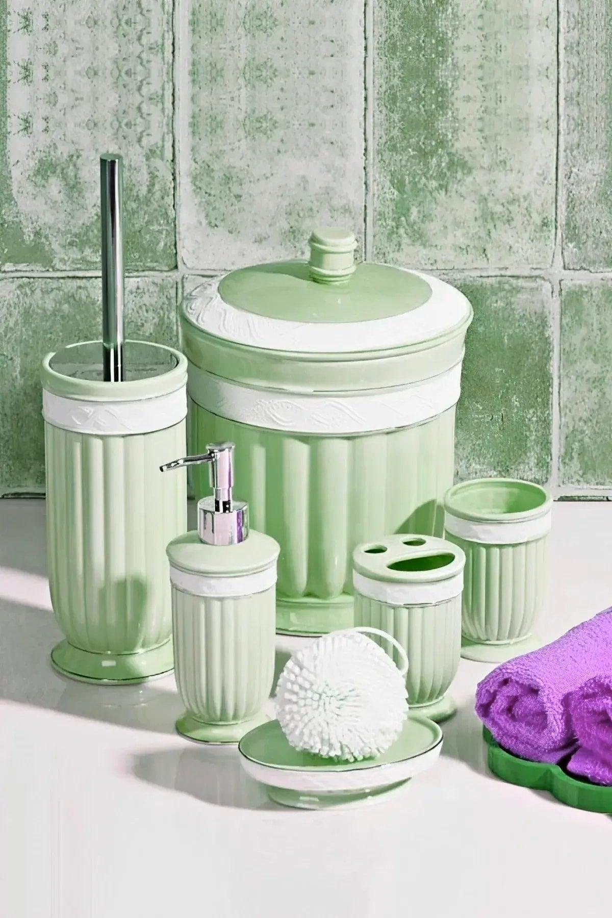 Pink 6 Pcs Porcelain Bathroom Set Wc Brush Solid Liquid Soap Dispenser Toothpaste Dispenser Brush Holder Trash Can Set - Swordslife