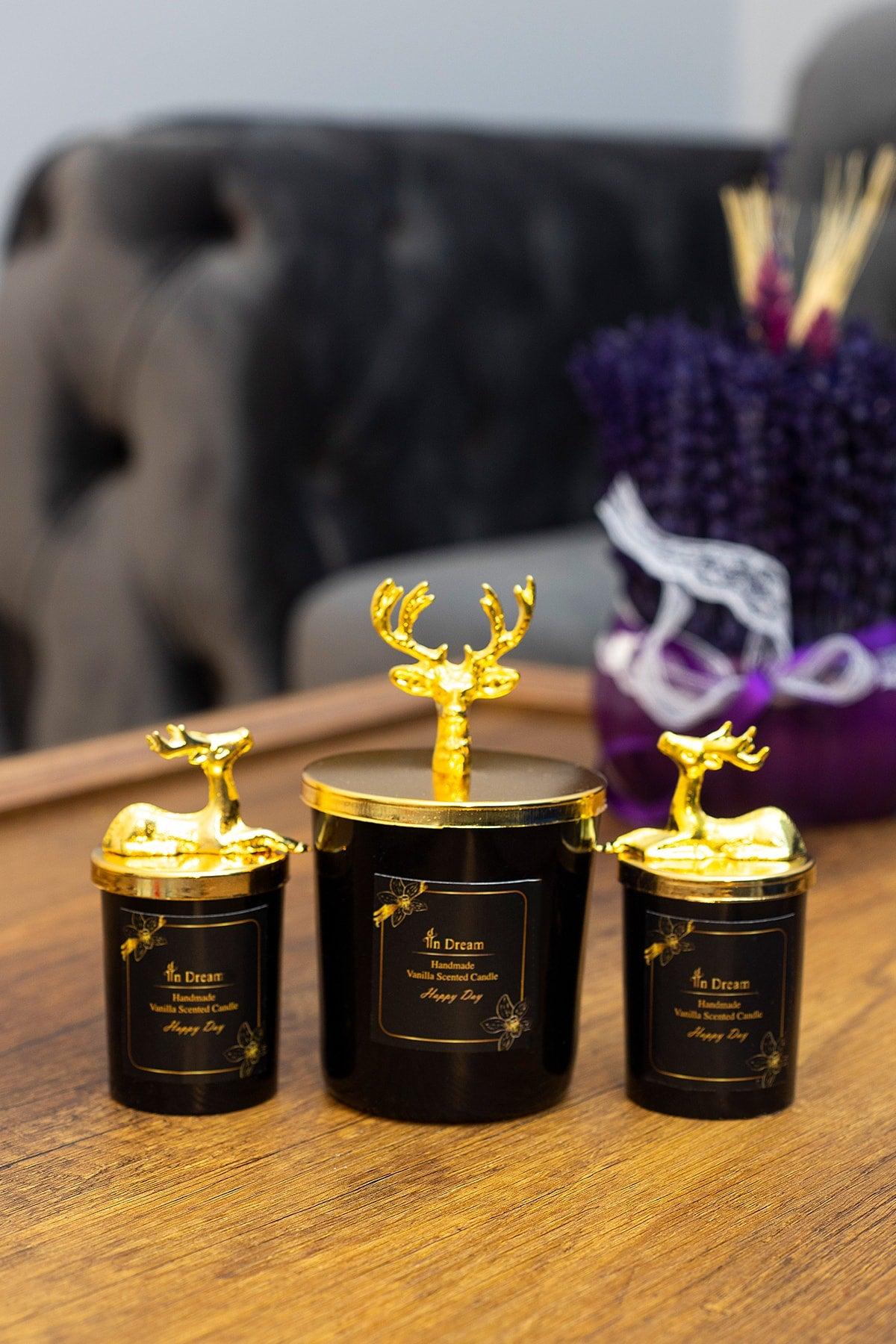 Decorative Gold Deer Black Vanilla Scented Glass Candle Set - Swordslife