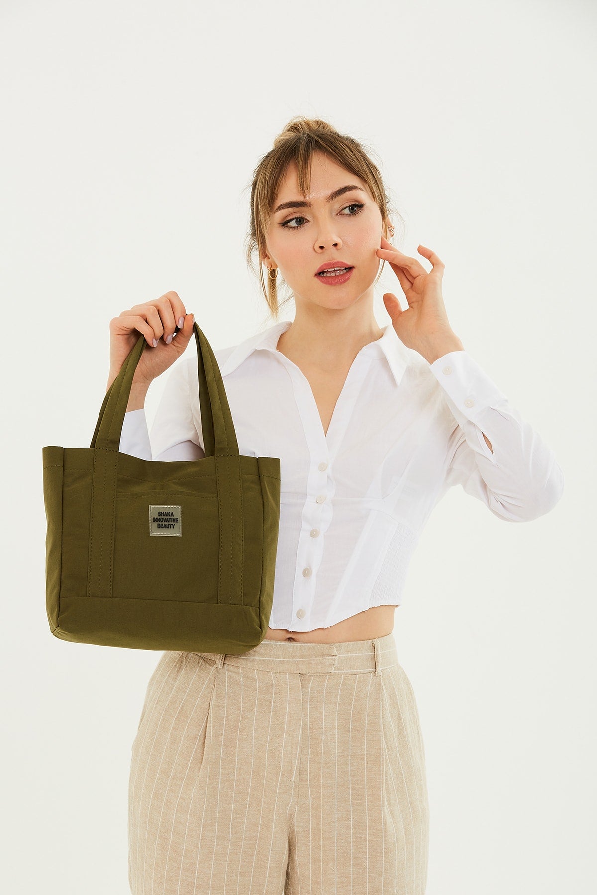 Khaki Green U37 Snap Closure 2 Compartment Front Pocket Detailed Canvas Fabric Casual Women's Arm And Shoulder Bag