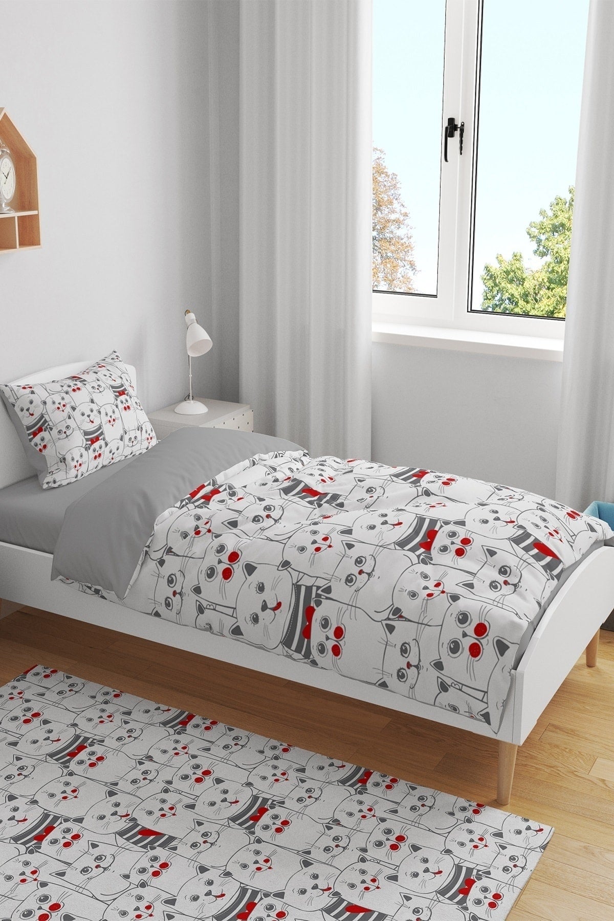 Red Cats Patterned Single Baby Duvet Cover Set