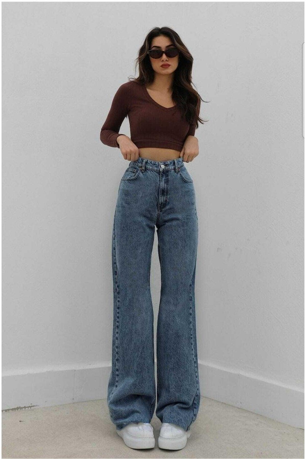 Taiti Lycra Loose Women Blue Super High Waist Wide Leg Denim Jeans Pants - Swordslife