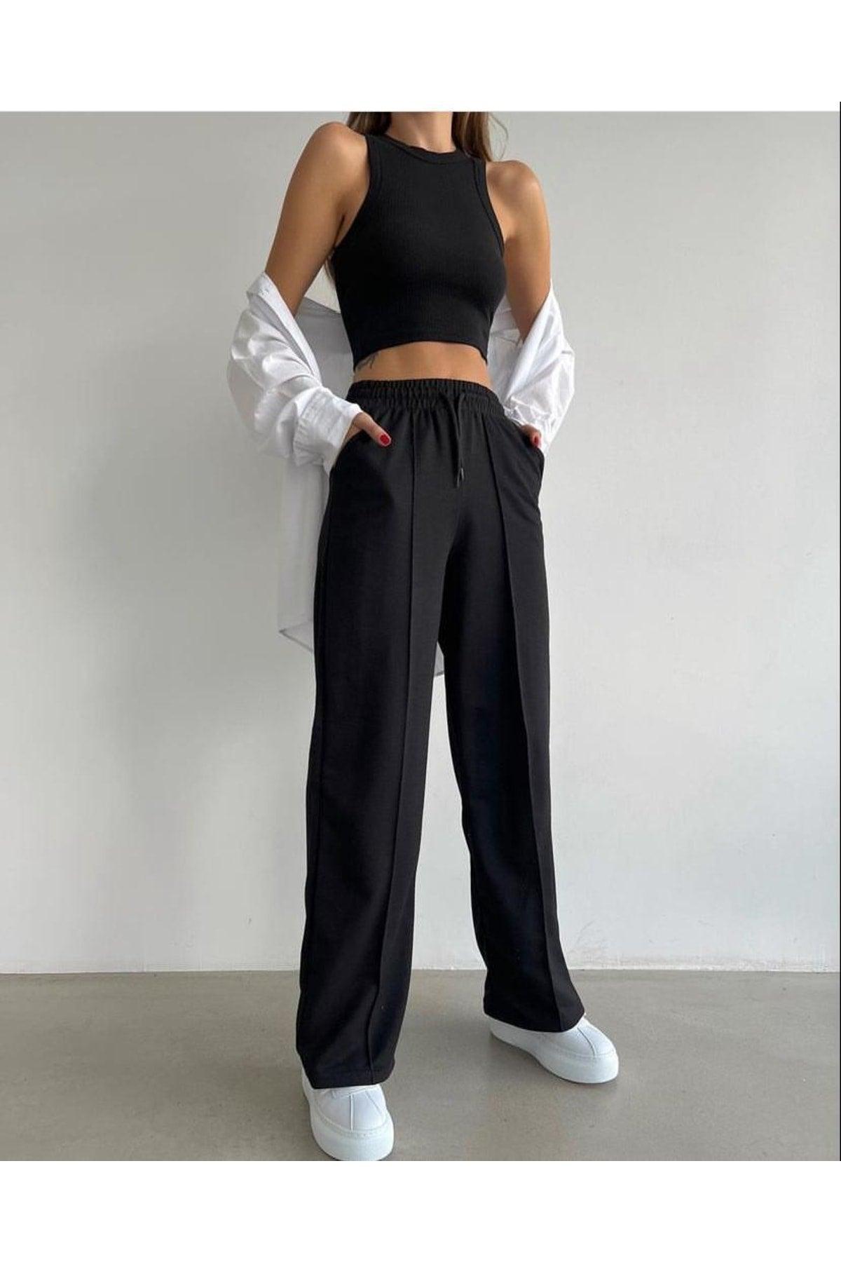 Women's Black Plain 2 Thread Wide Leg Sweatpants - Swordslife