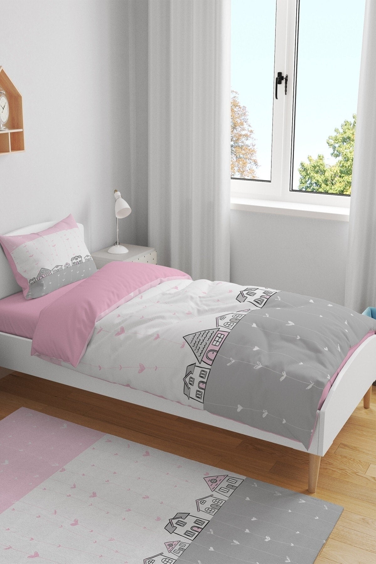 Pink Gray Houses Patterned Single Baby Kids Duvet Cover Set