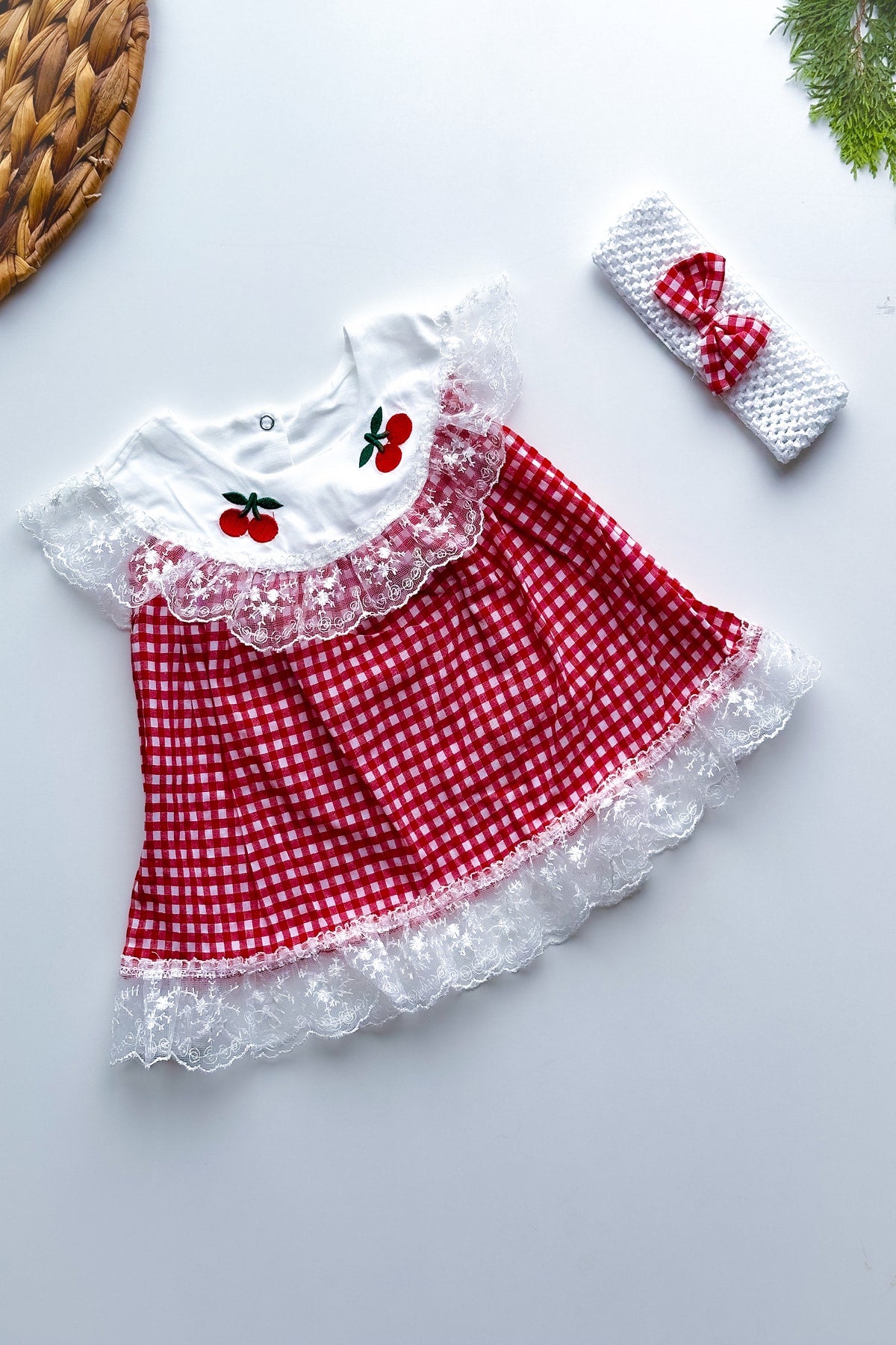 Baby Girl Red Gingham Cherry Detail Lace Hair Band Summer Dress