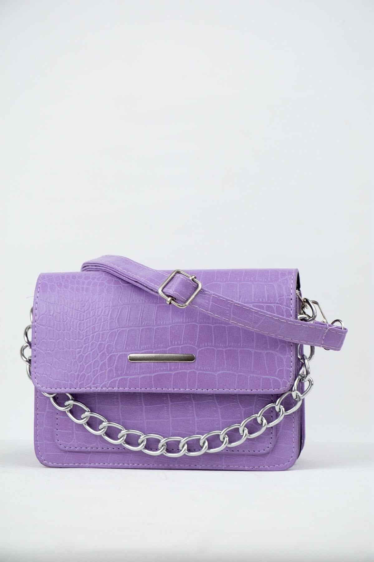 Lilac Women Crocodile Patterned Clutch Baguette Chain Strap Bag