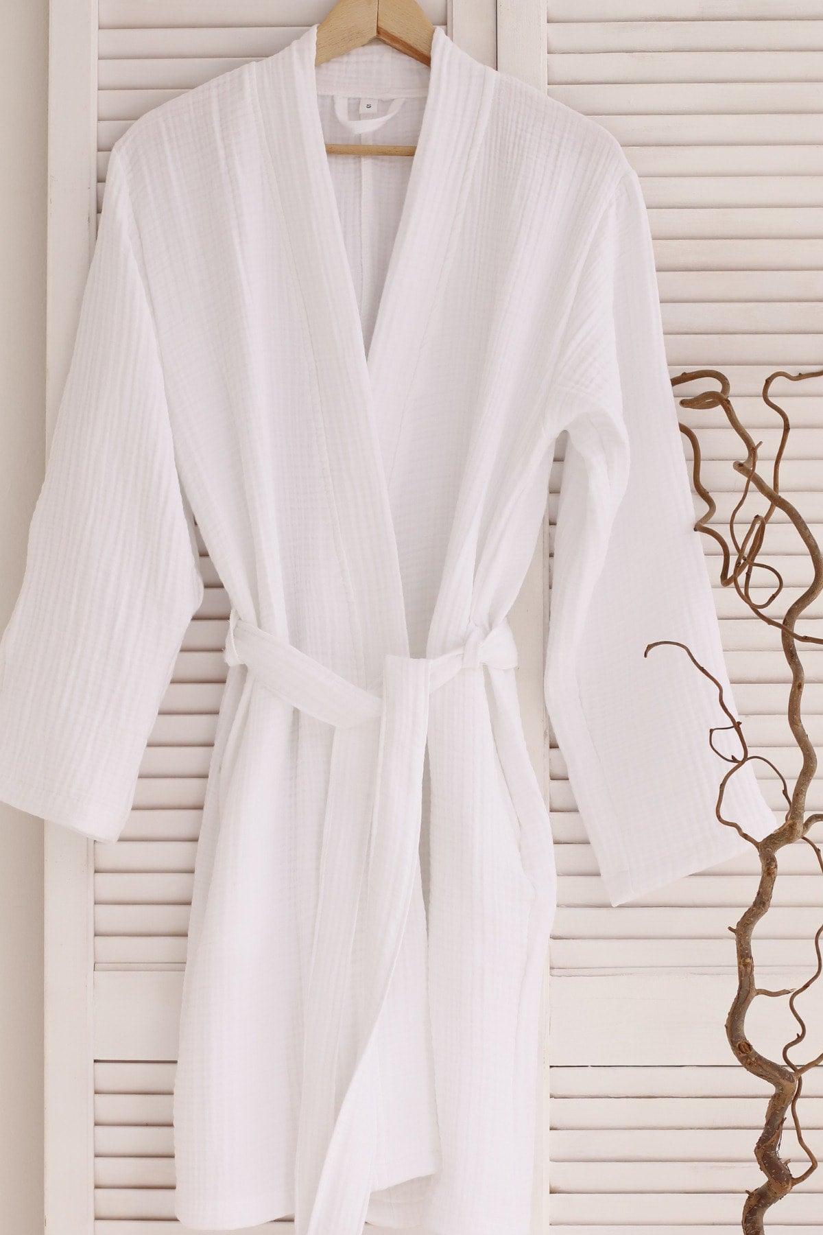 4 Layers Muslin Bathrobe Dressing Gown, 100% Cotton Kimono, White L-xl With Front Pockets - Swordslife