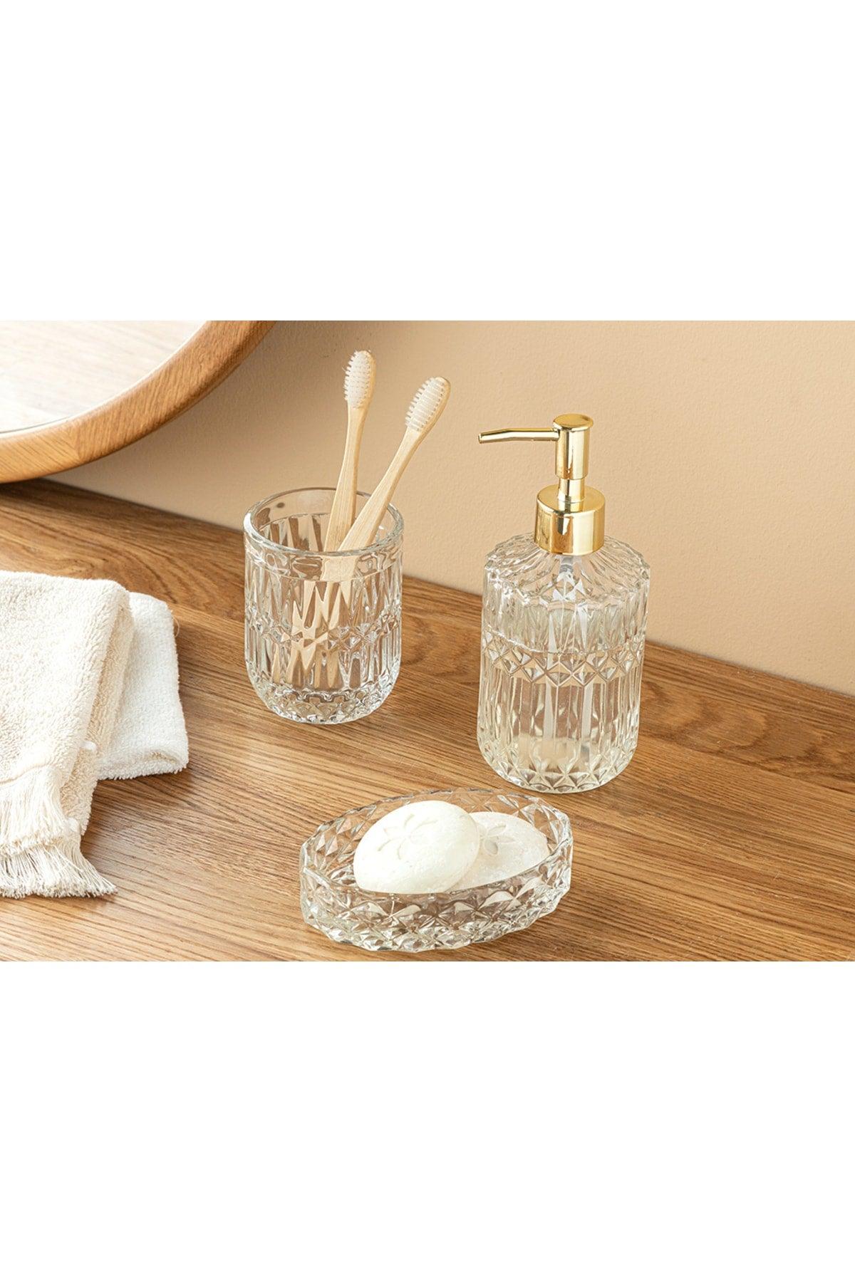 Glass 3 Piece Bathroom Set 8x8x18cm 8x10cm 9x13x3cm Transparent - Swordslife