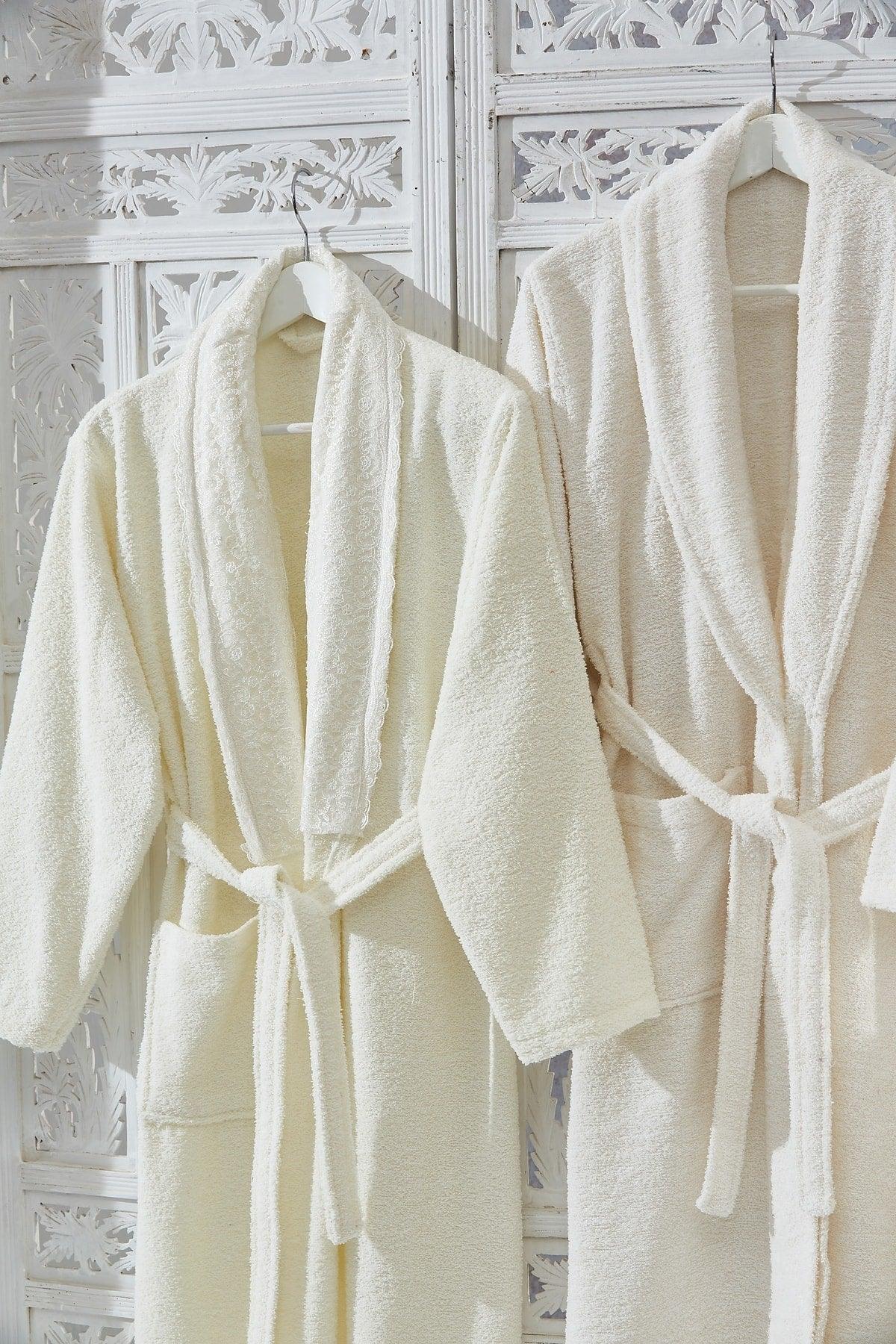 Family Lace Cream & Cream Family Bathrobe Set 6 Pieces Dowry Women Men Bathrobe Bath Towel Set - Swordslife