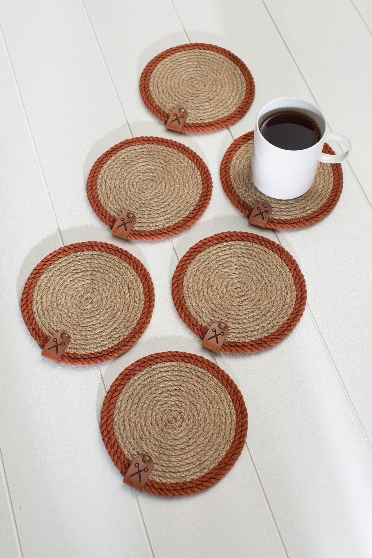 6 Pieces 13cm Cinnamon Stripe Jute Straw Weave Coaster Presentation Set - Swordslife