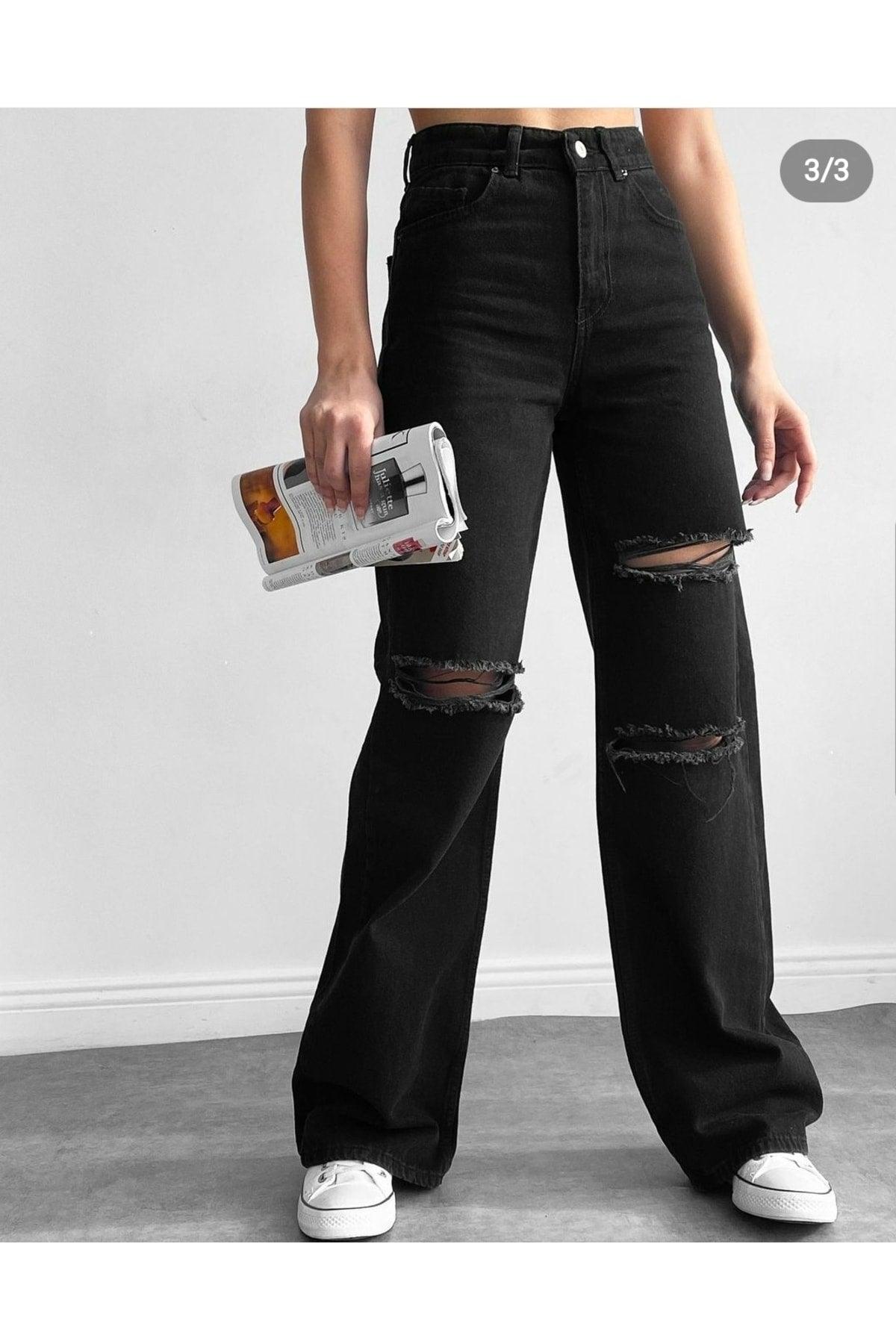 Hot Women Lycra Loose Women Black Ripped Super High Waist Wide Leg Denim Jeans Pants - Swordslife