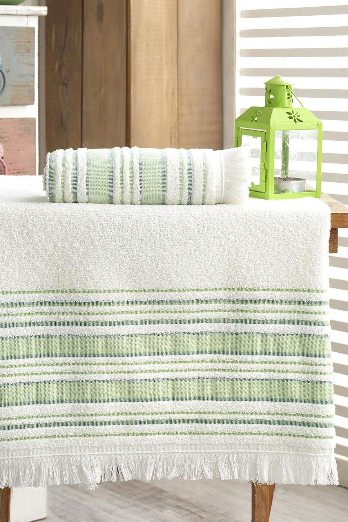 | 50x90 + 70x140 cm Fringe Detail Cotton | Vip Pistachio Green | Bath Towel Set - Swordslife