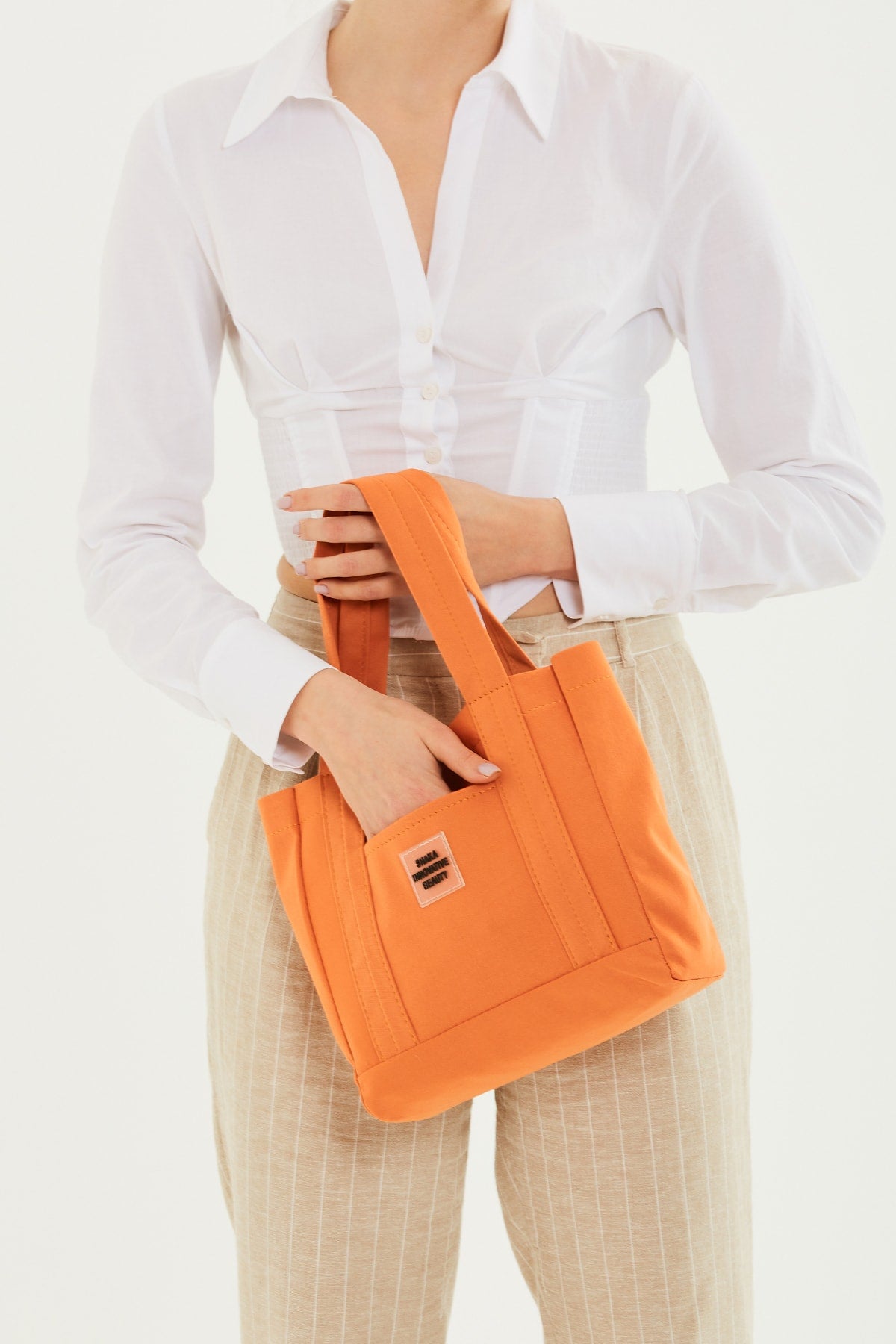 Orange U37 Snap Closure 2 Compartment Front Pocket Detailed Canvas Fabric Daily Women's Arm And Shoulder Bag