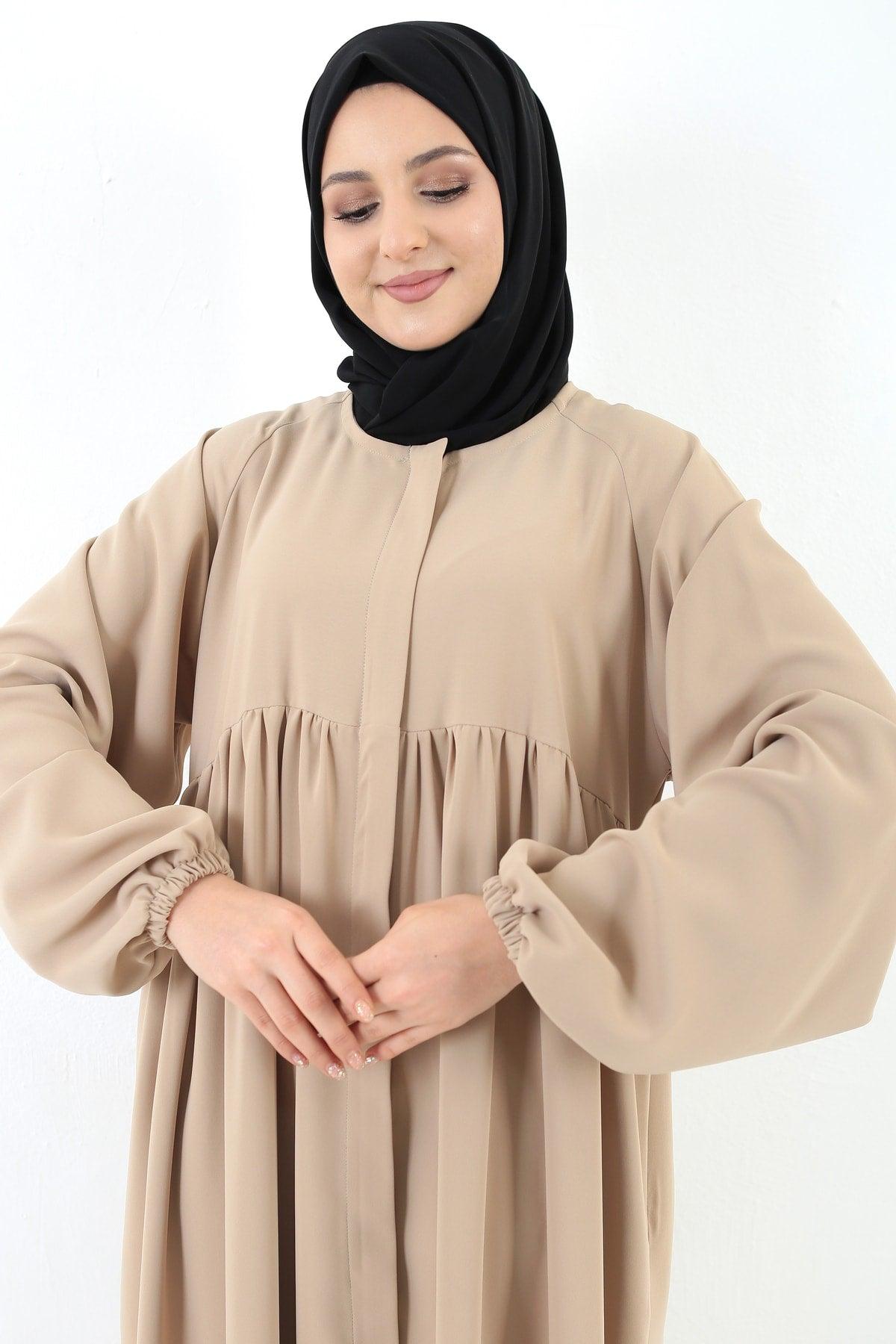 Beige Oversized Zippered Pleated Abaya Hijab - Swordslife