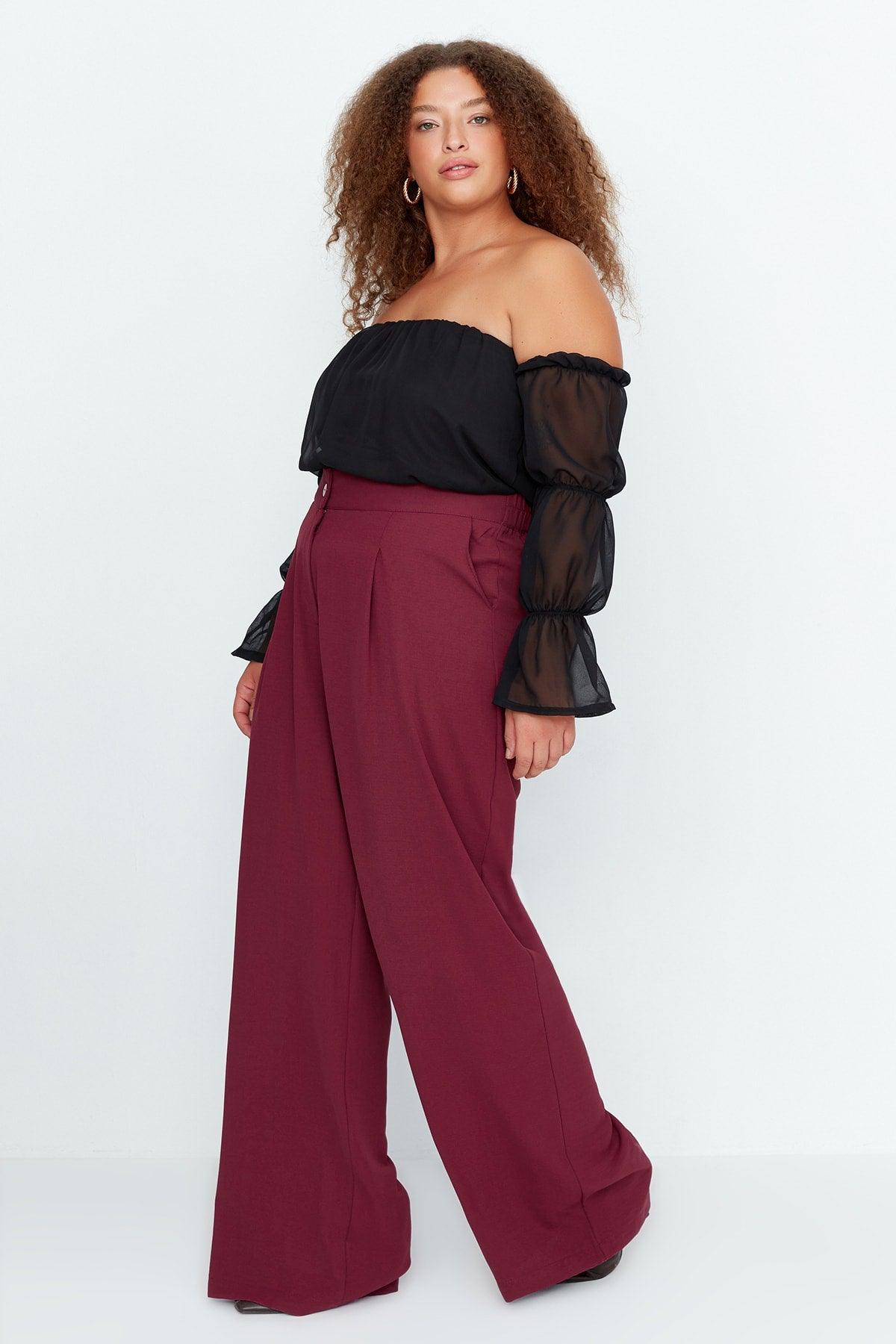 Claret Red High Waist Pleated Woven Trousers TBBSS22PL0448 - Swordslife