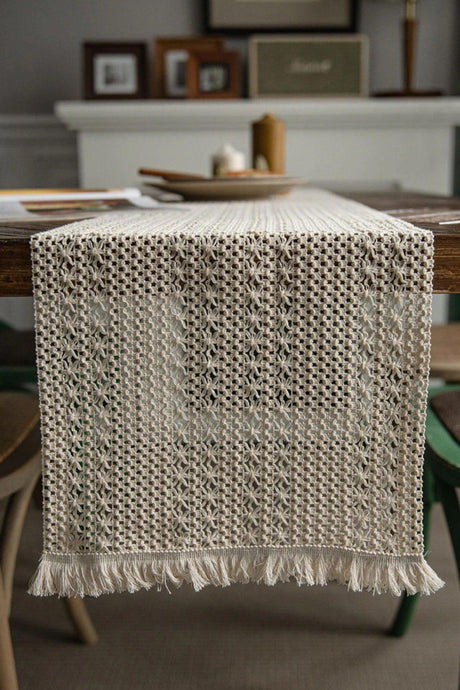 Runner Tablecloth Raw Cotton Knitted Lace Tasseled Cream 37x150 Cm - Swordslife