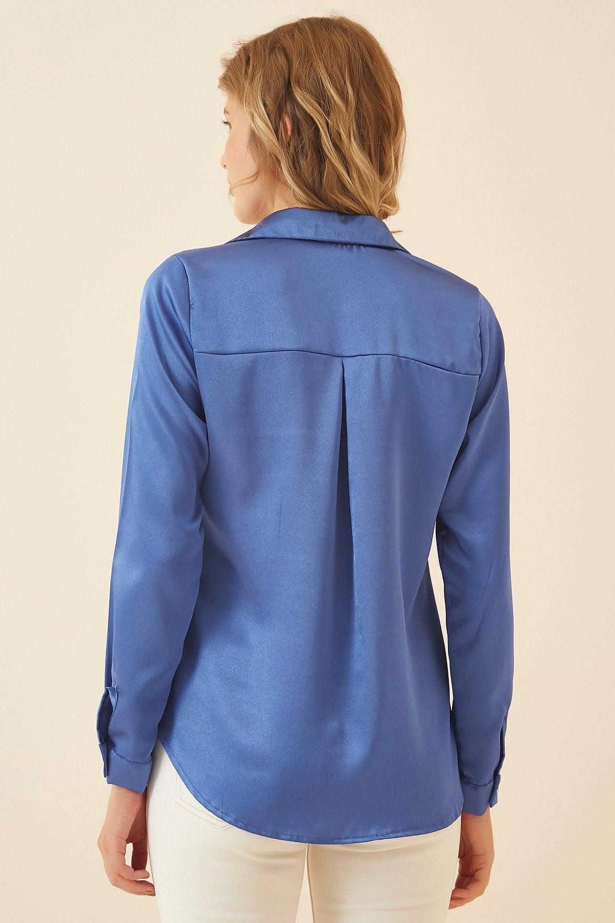 Women's Vivid Blue Light Flowy Satin Shirt DD00990 - Swordslife