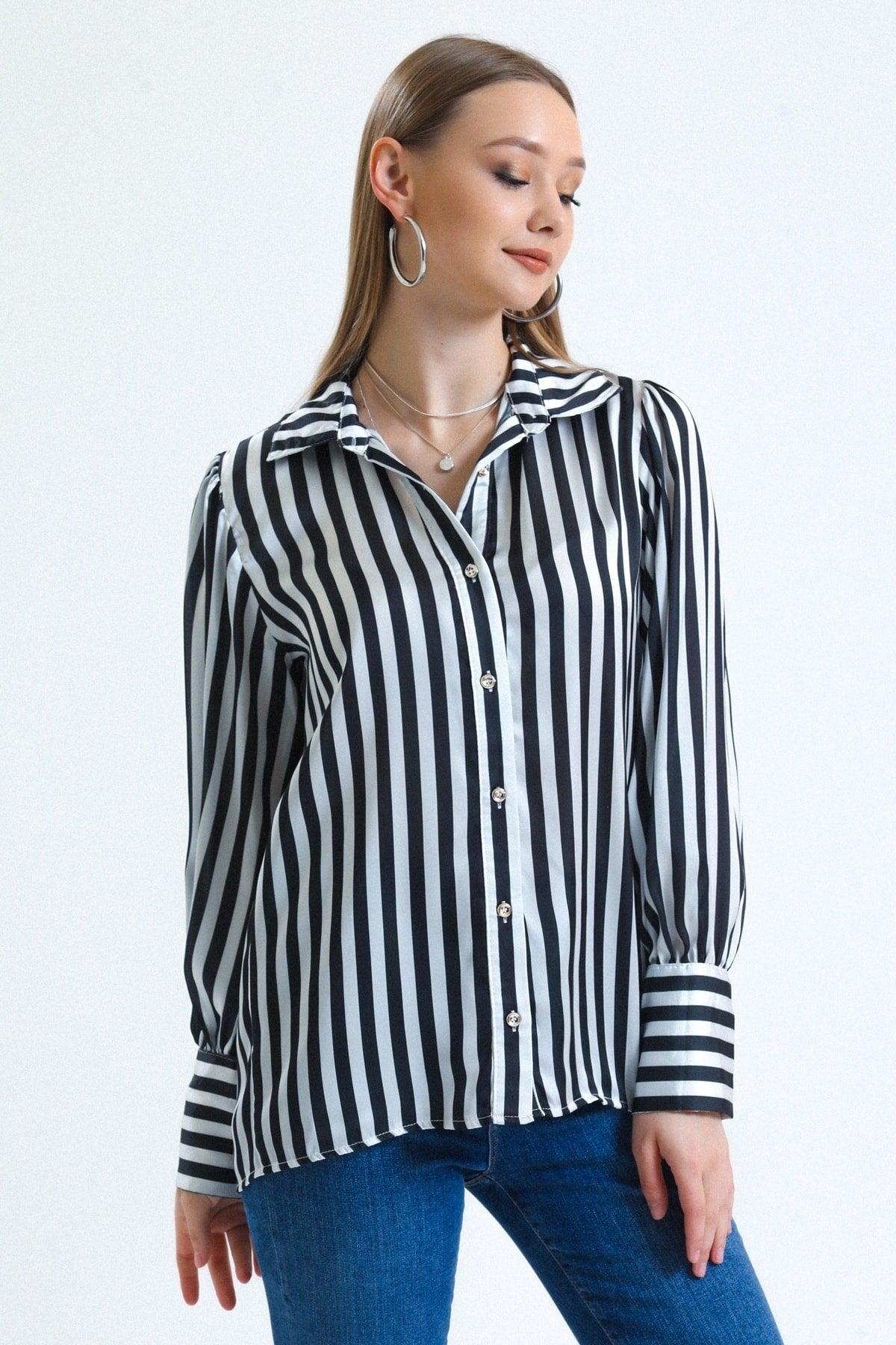 Women's Black and White Balloon Sleeve Ruffle Detailed Oversize Striped Satin Shirt - Swordslife