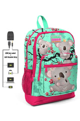 Green Koala Printed Girls' Primary School Bag Set - Usb Output