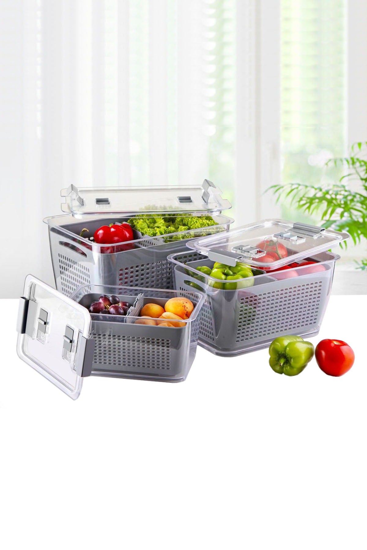 3 Sizes Refrigerator Fresh Vegetable Fruit Storage Container with Compartment Ventilation