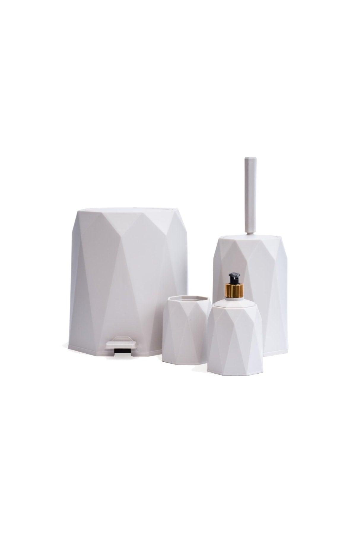 4 Pcs Geo Bathroom Set Plastic 5 Lt Trash Can Toilet Brush Washbasin Set 4 (WHITE) - Swordslife