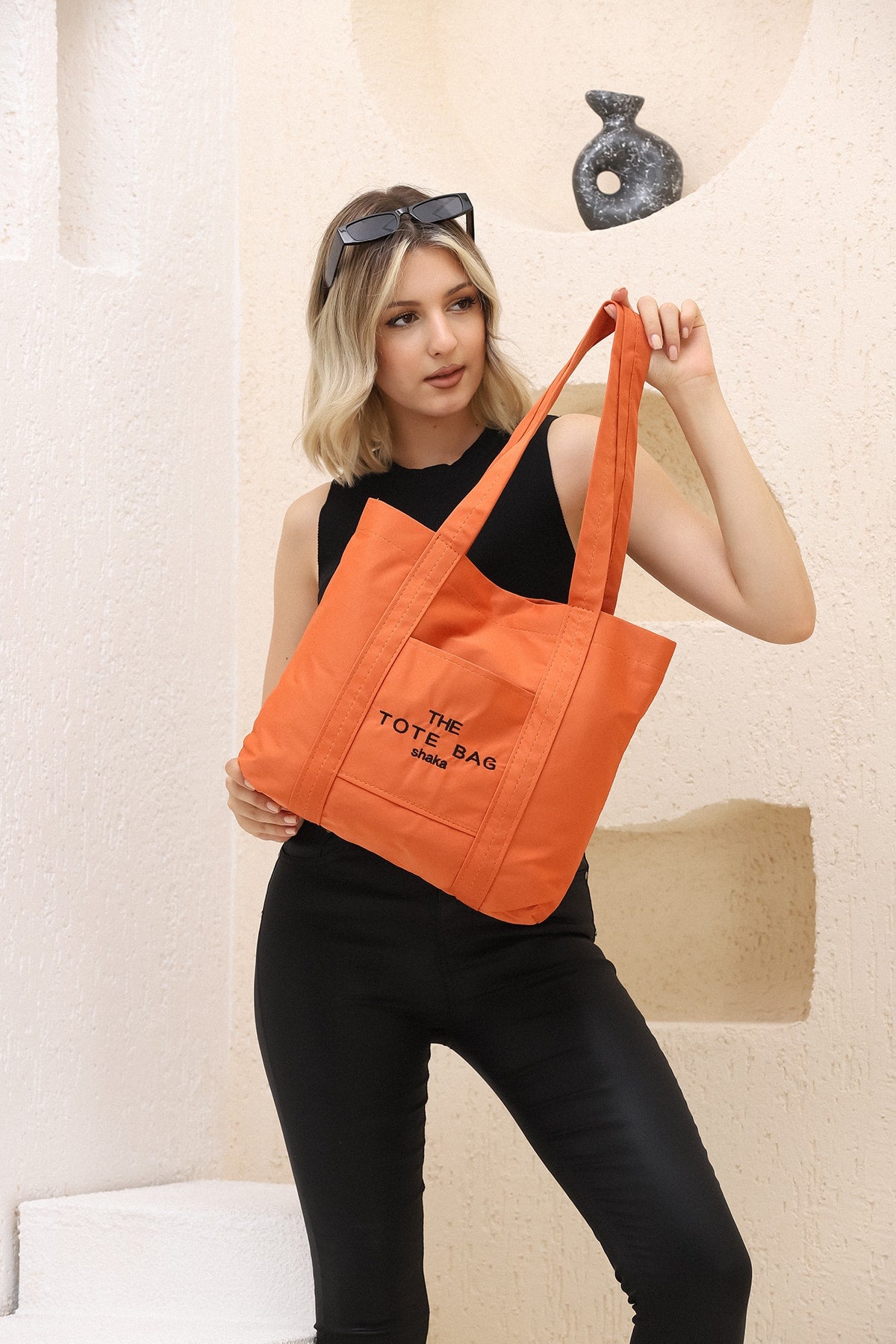 Orange U46 Snap Closure Front Pocket Detailed Tote Bag Embroidered Canvas Women's Arm and Shoulder Bag U:30