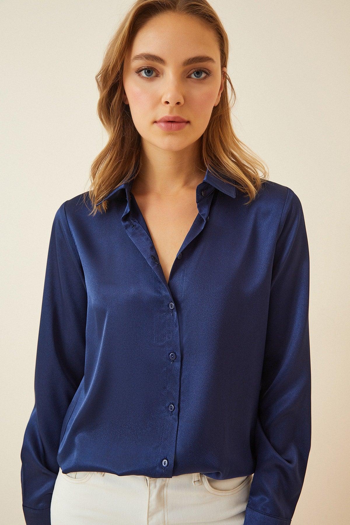 Women's Navy Blue Lightly Flowy Satin Shirt DD00990 - Swordslife