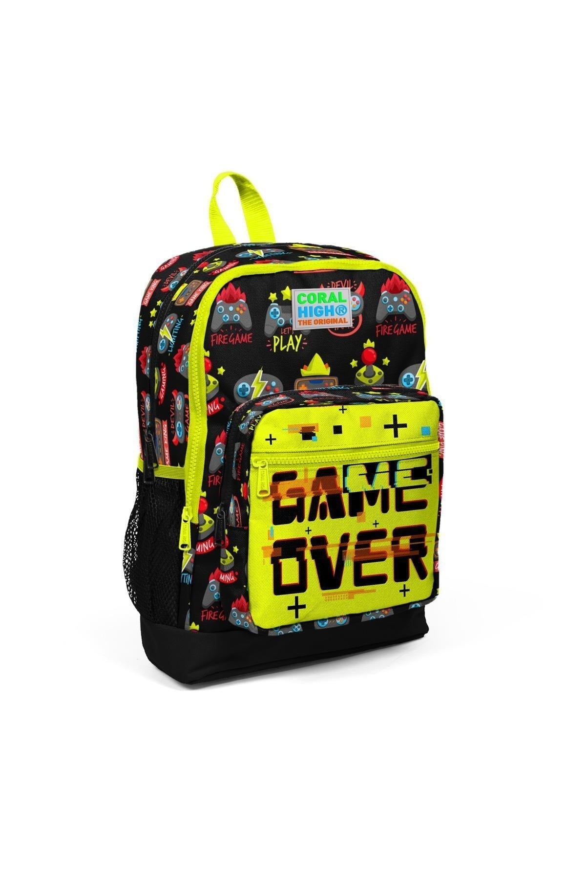 Kids Black Neon Yellow Game Over Patterned USB 3 Pcs School Bag Set SET0123828