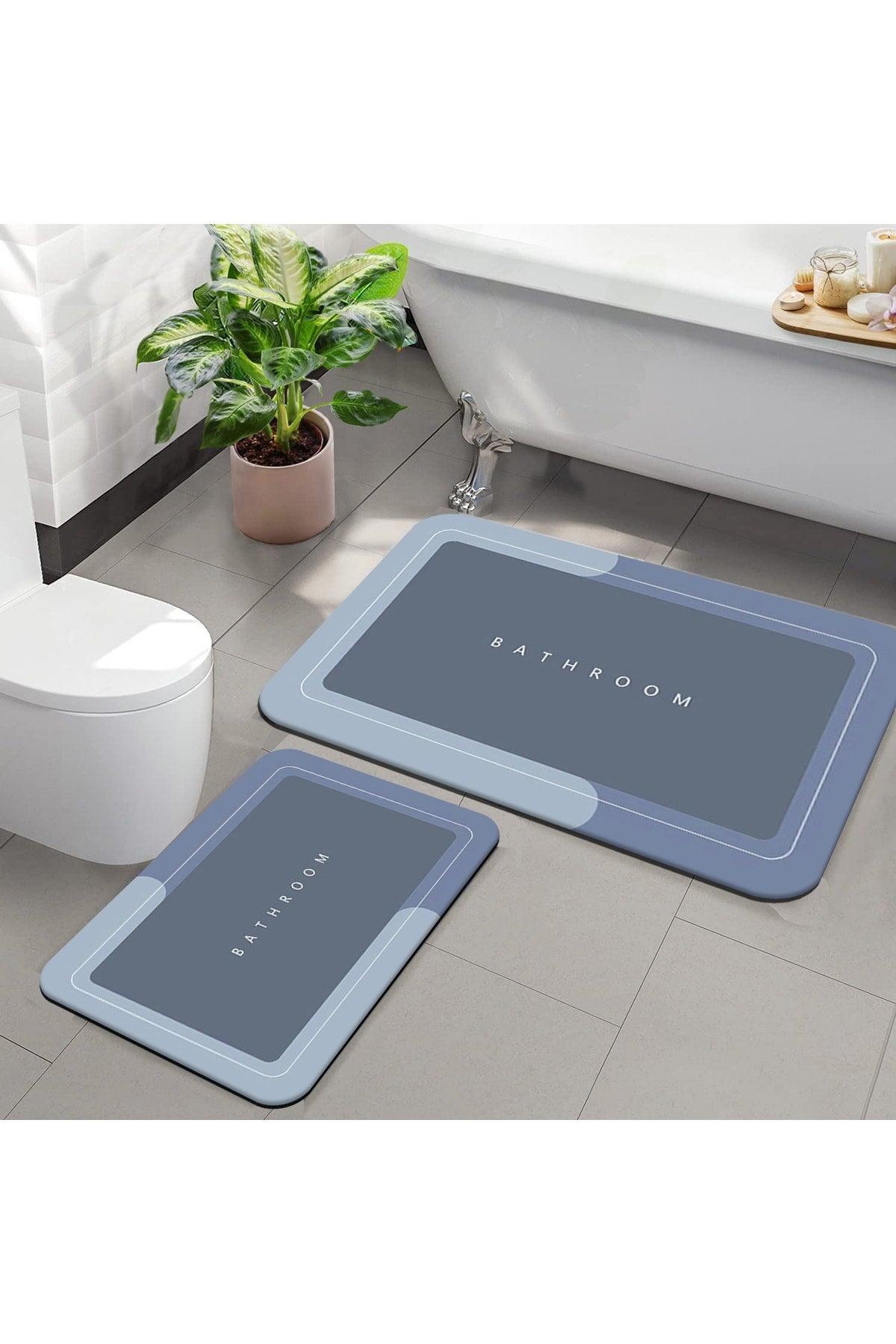 Else Blue Bathroom Written Pattern Washable Non-Slip Floor 2 Pcs. Bathroom Carpet Mat Closet Set - Swordslife