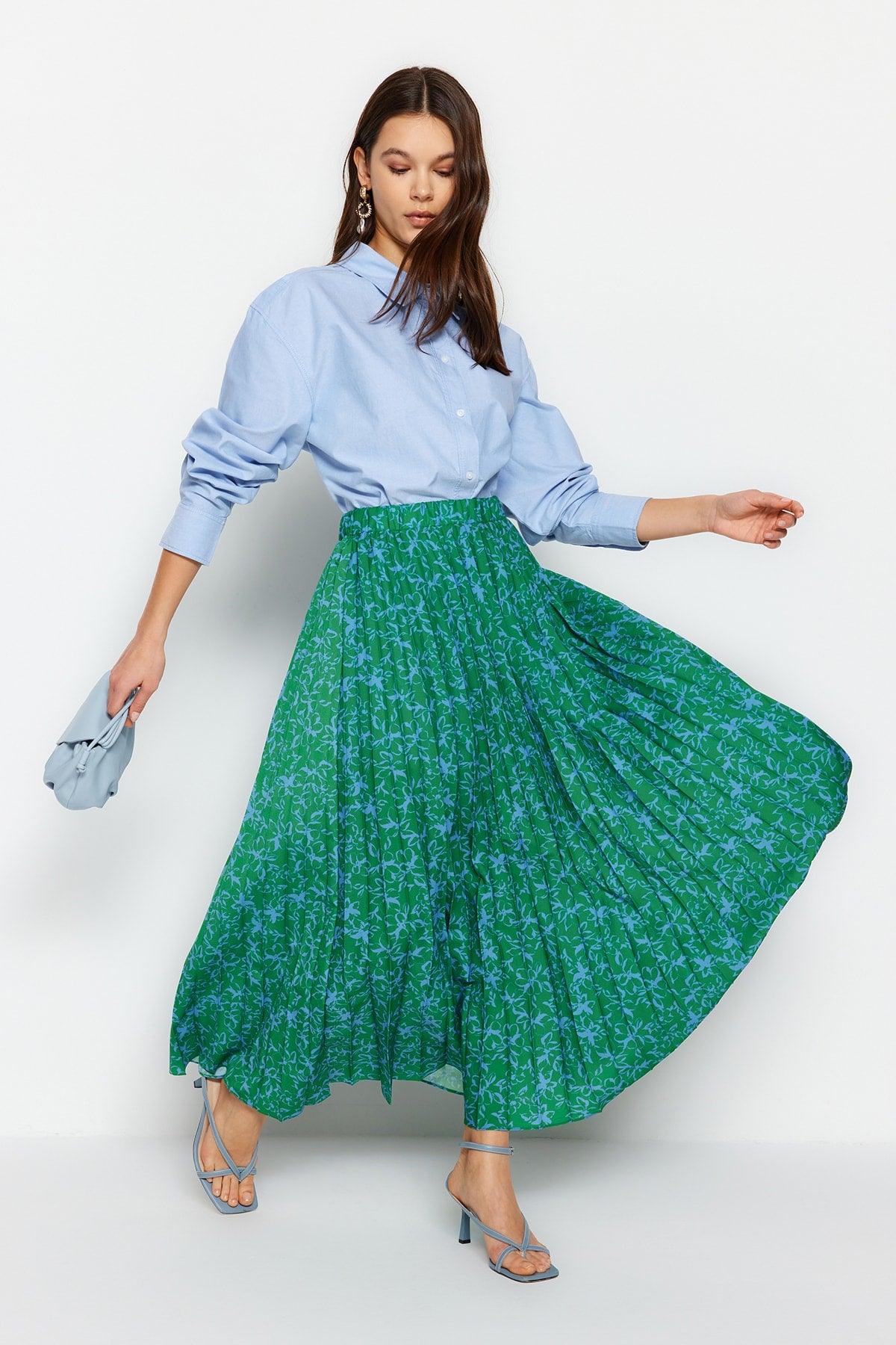 Green Floral Patterned Pleated Elastic Waist Knitted Skirt TCTSS23EE00018 - Swordslife