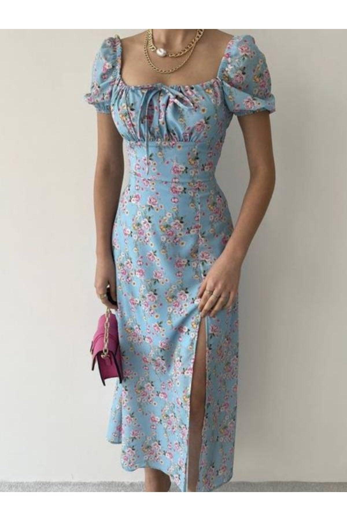 Blue Pink Floral Midi Length Slit Dress - Swordslife