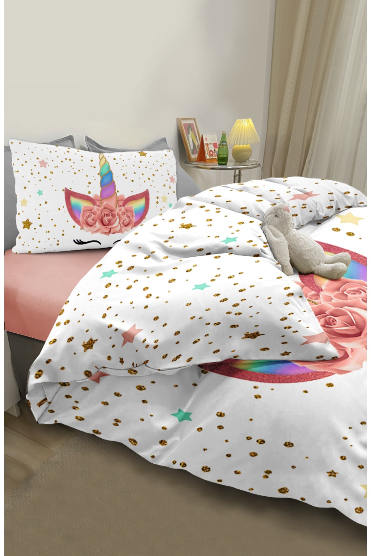 Cute Unicorn Gold Stamping And Polka Dot Single Baby Kids Duvet Cover Set