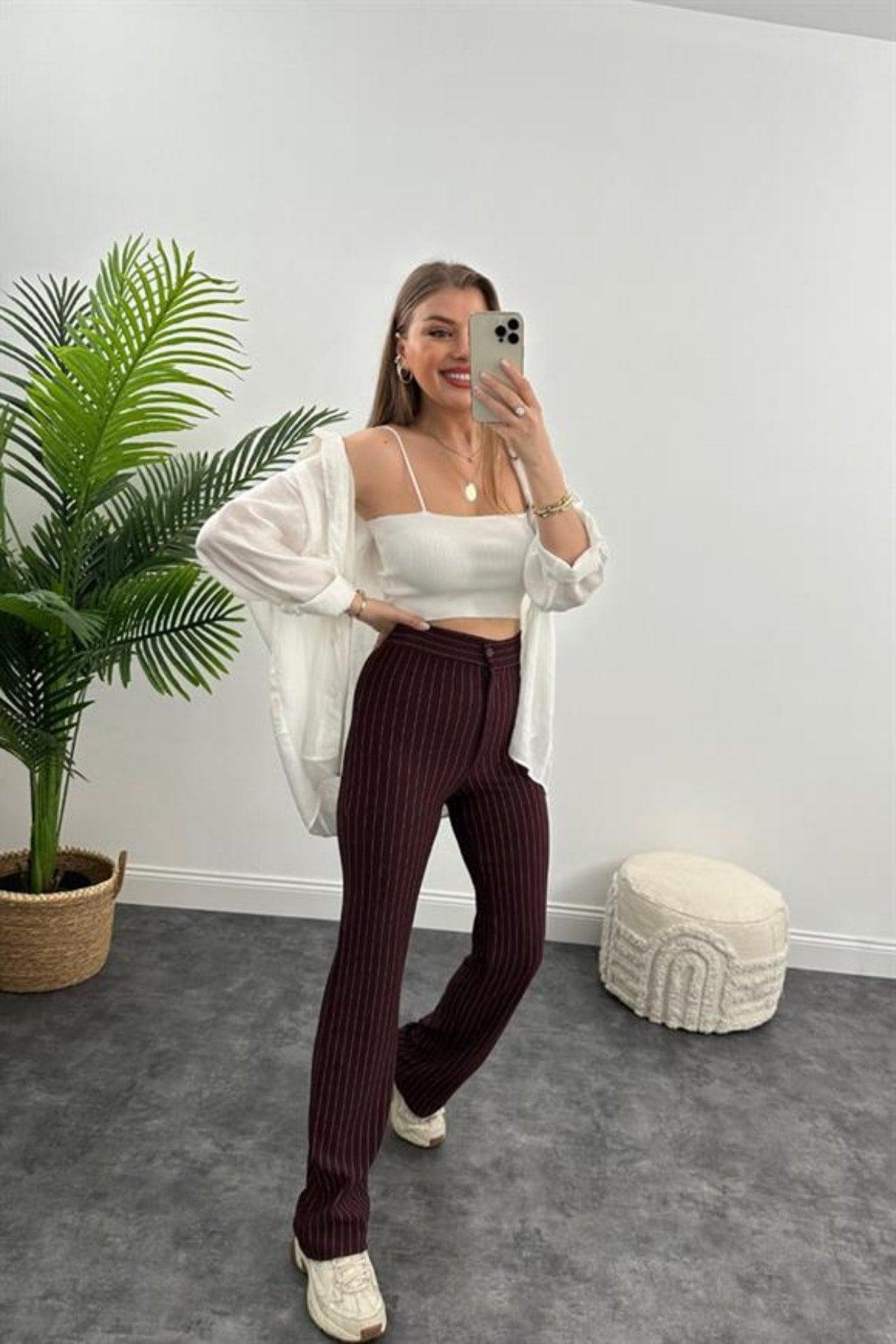 Ultra High Waist Crepe Fabric Lycra Palazzo Striped Trousers Brown - Swordslife