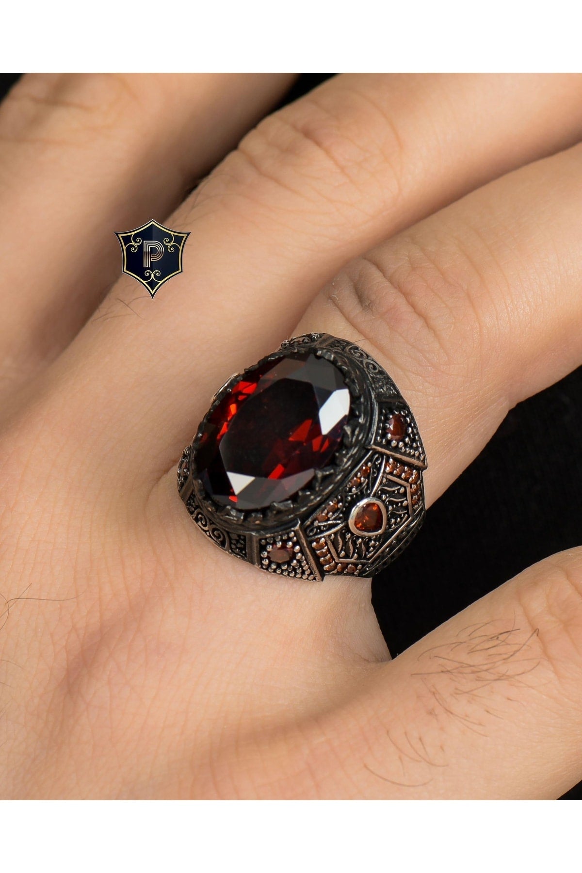 925 Sterling Silver Men's Ring With Red Zircon Stone Zircon Stone Embellished