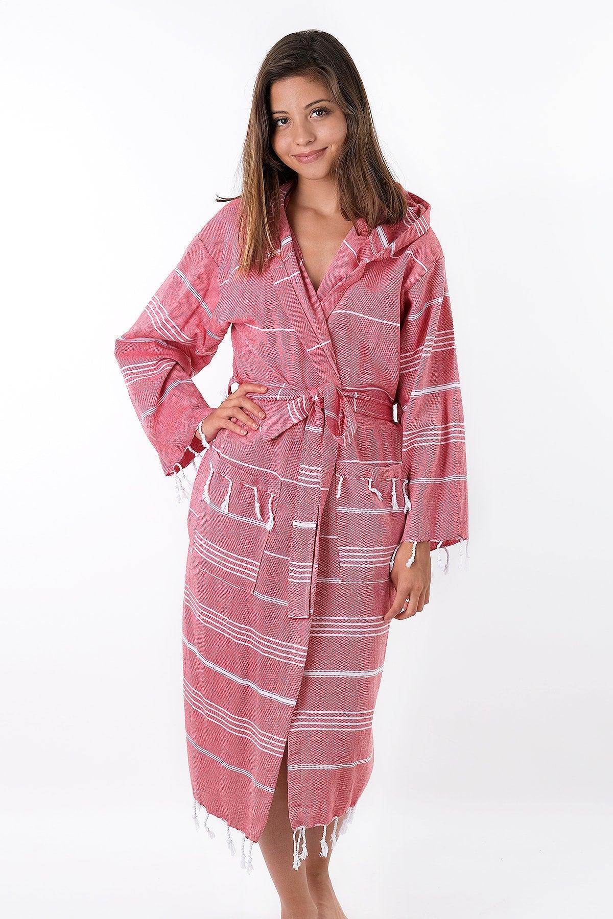 Sultan 100% Cotton Pink Colored Hooded Peshtemal Bathrobe, Robe And Beach Dress - Swordslife