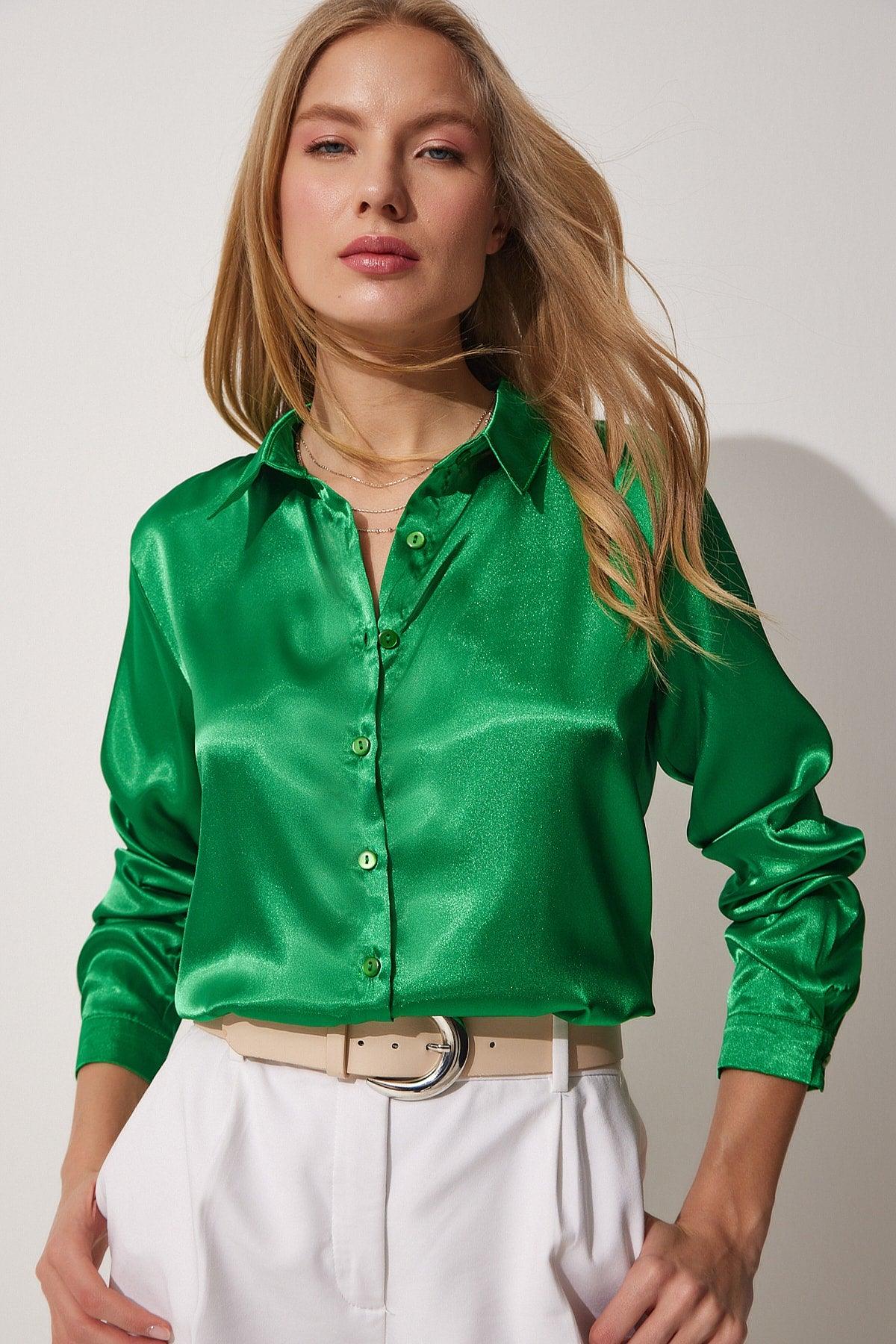 Women's Vivid Green Lightly Flowy Satin Top Shirt DD00990 - Swordslife