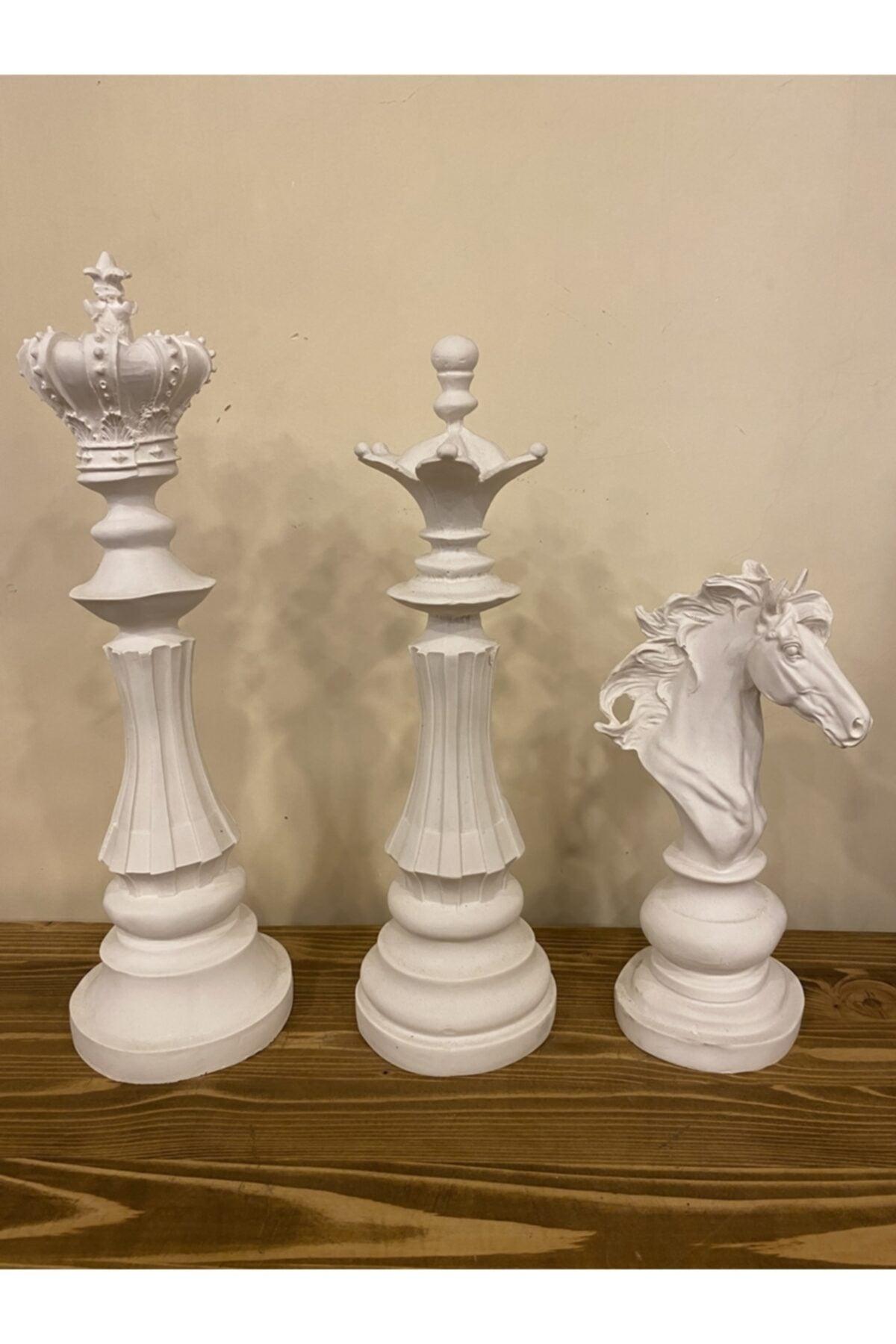 Trio Chess Set Statue King Queen Horse Decorative White Trinket - Swordslife