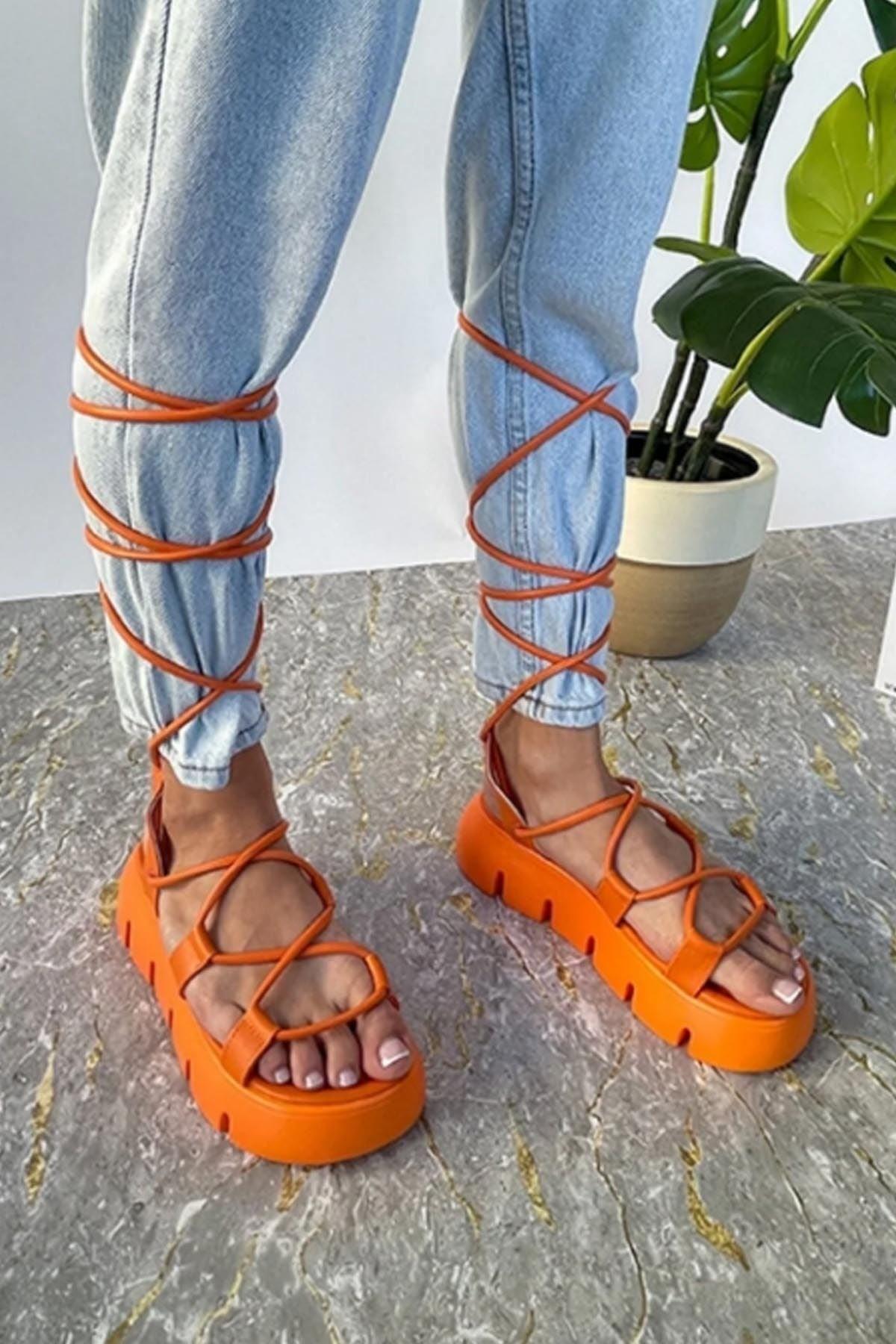 Alberta Orange Cleopatra Women's Ankle Sandals - Swordslife