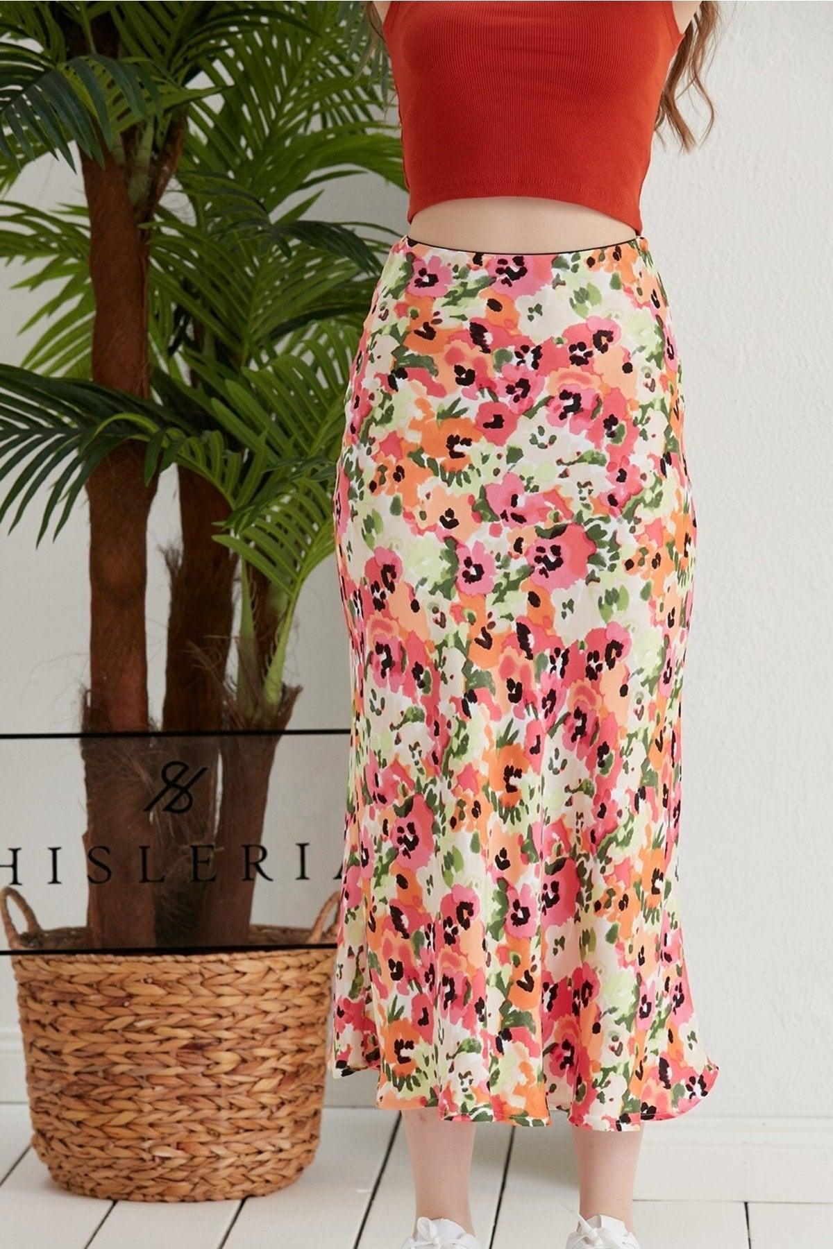 Floral Pattern Viscose Satin Midi Length Skirt -pink Flower - Swordslife