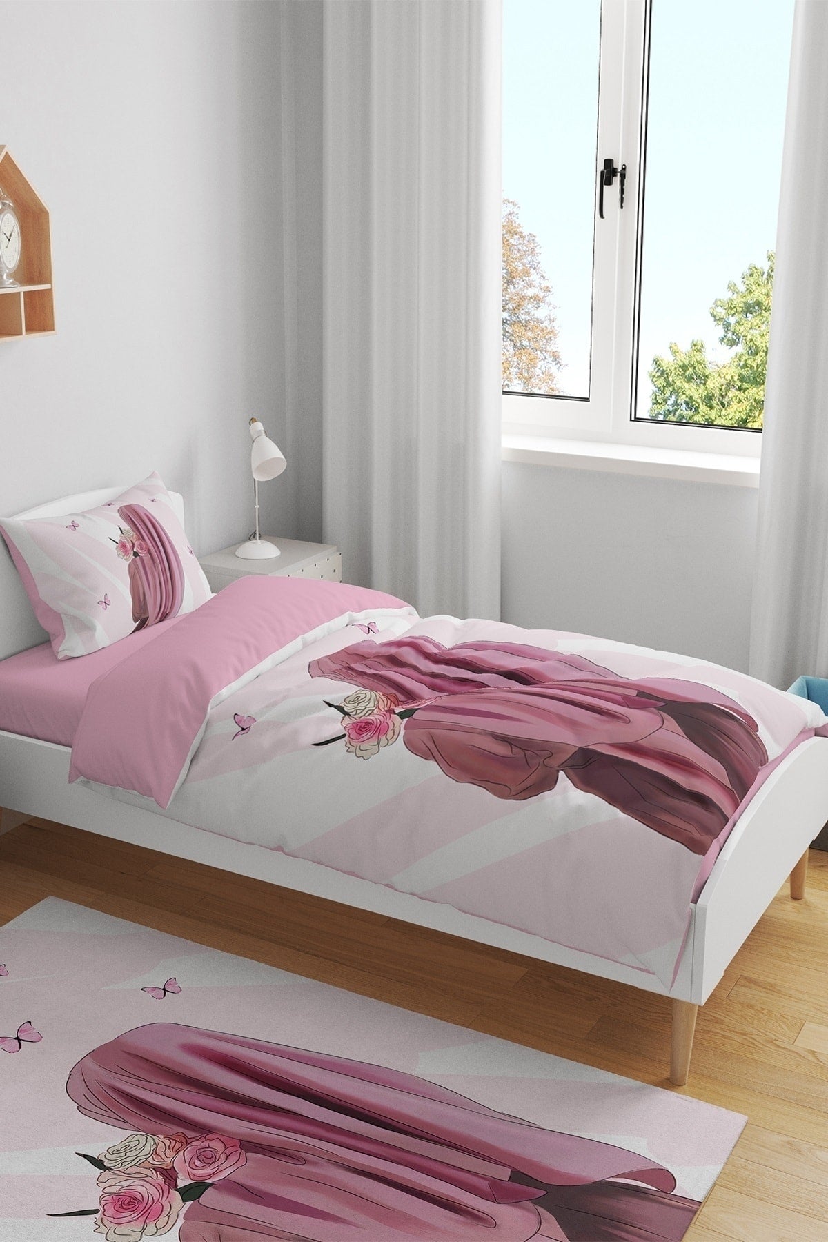 Rose and Butterfly Patterned Single Baby Duvet Cover Set