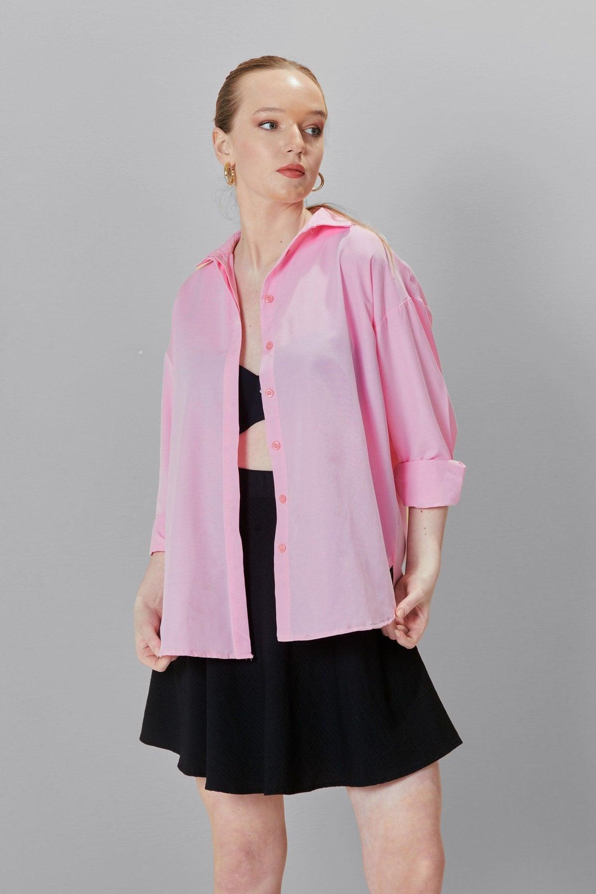 Women's Pink Oversize Long Basic Shirt - Swordslife