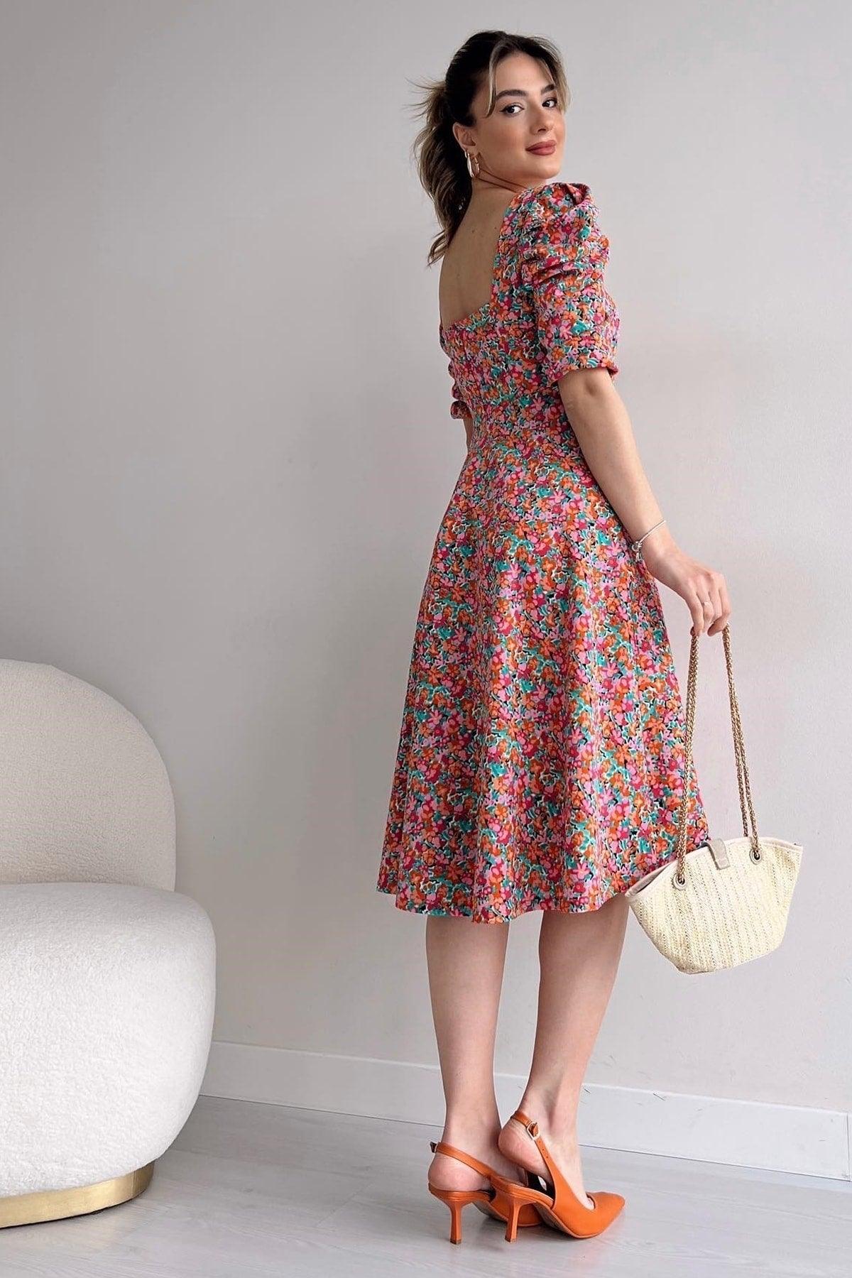 Women's Crepe Fabric Short Sleeve Square Collar Midi Length Floral Printed Summer Dress 080 - Swordslife