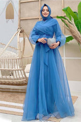 Women's Navy Blue (İNDİGO) Belted Tulle Evening Dress T 4693 - Swordslife