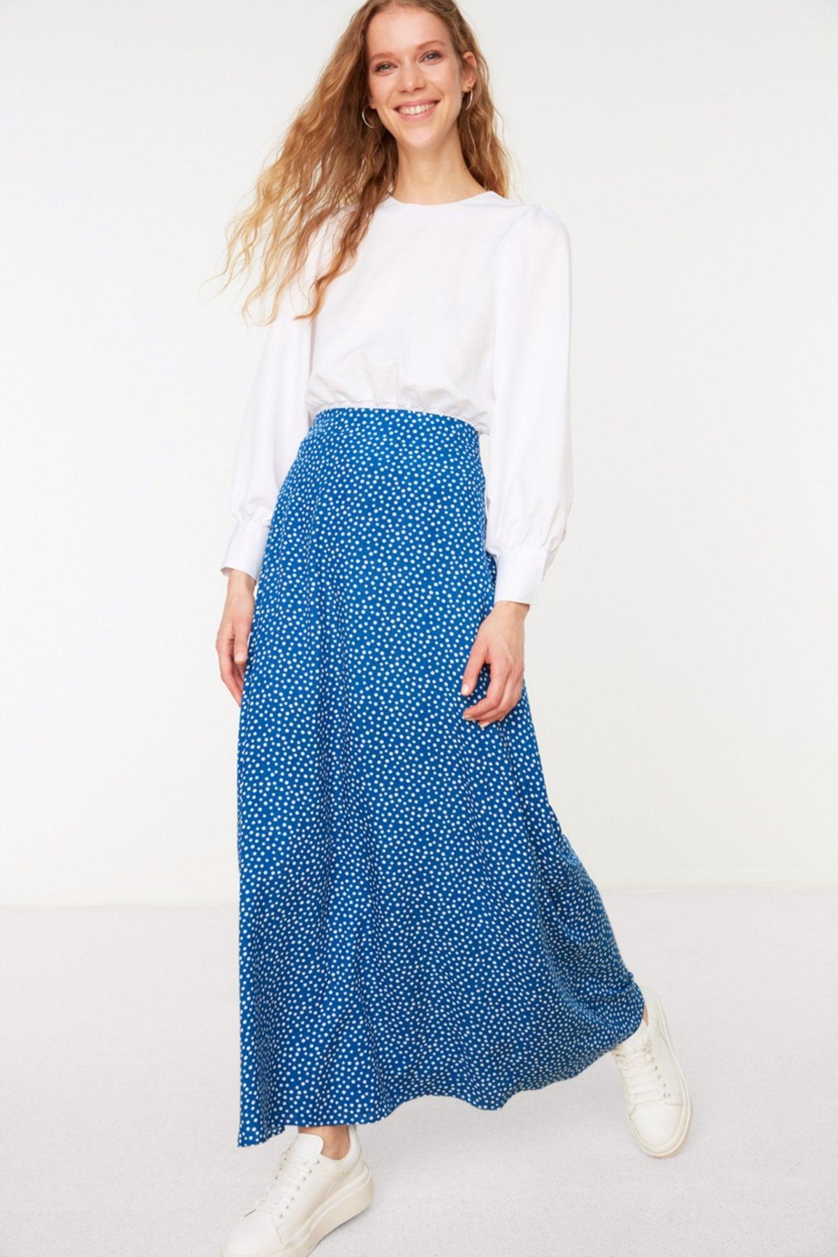 Indigo Polka Dot Patterned Bell Woven Skirt TCTSS22EE0006 - Swordslife